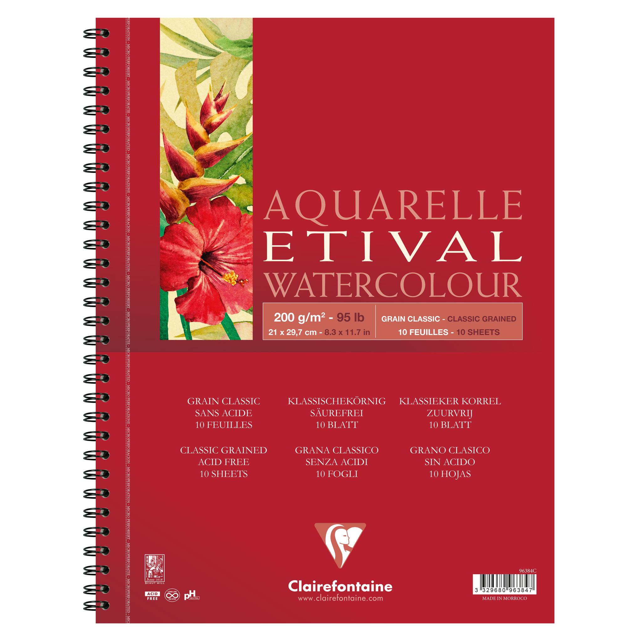Rote spiralgebundene Aquarellpapierblockhülle mit der Aufschrift „Aquarelle Etival Watercolour