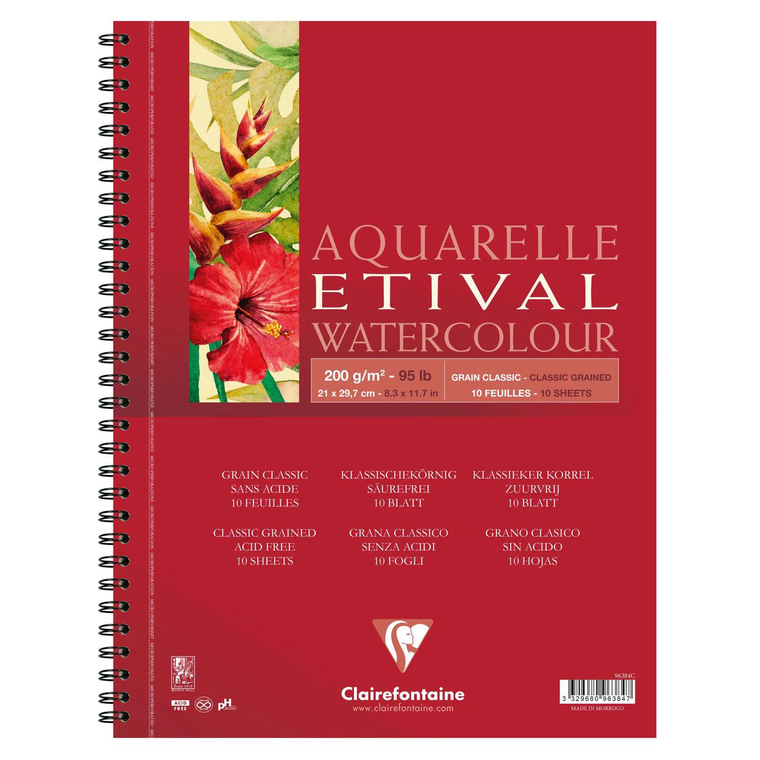 Rotes Spiralblock-Skizzenbuch Clairefontaine Etival Watercolour mit Blumenmotiv auf dem Umschlag, gekennzeichnet mit 200 g/m2, 21 x 29,7 cm, 10 Blatt.