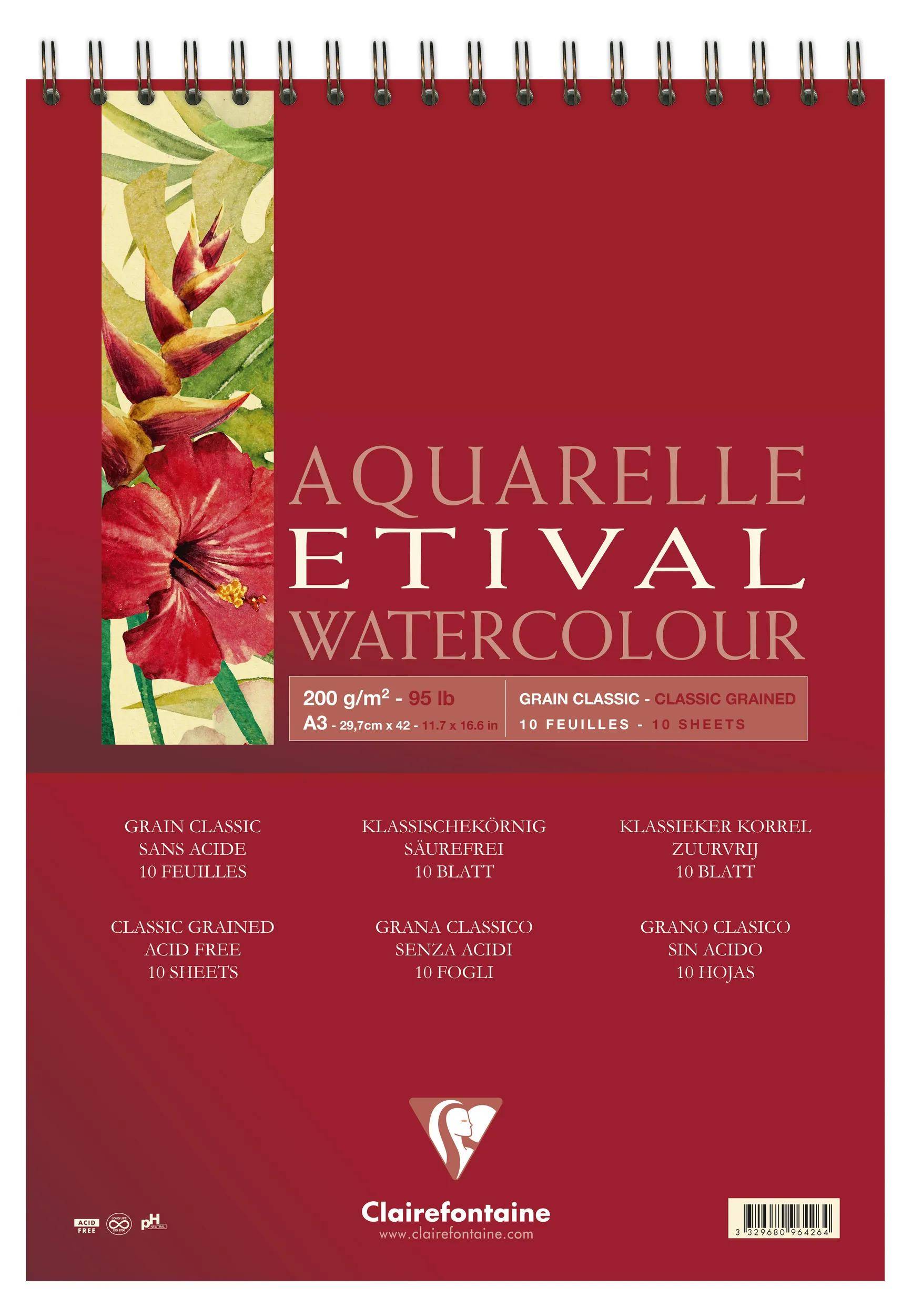 Rotes Clairefontaine-Aquarellblockcover mit Blütenstreifen, beschriftet mit „Aquarelle Etival Watercolour