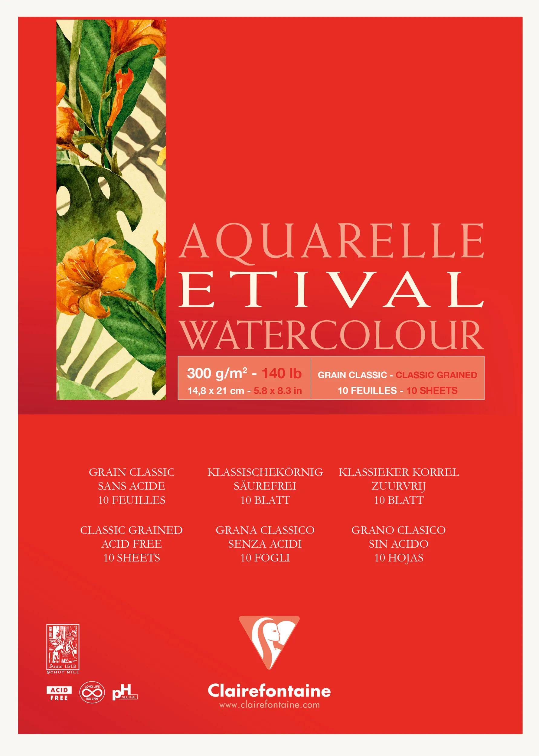 Clairefontaine 5x Etival Aquarellpapier, Block A5 geleimt, 10 Blatt 300g 96389C