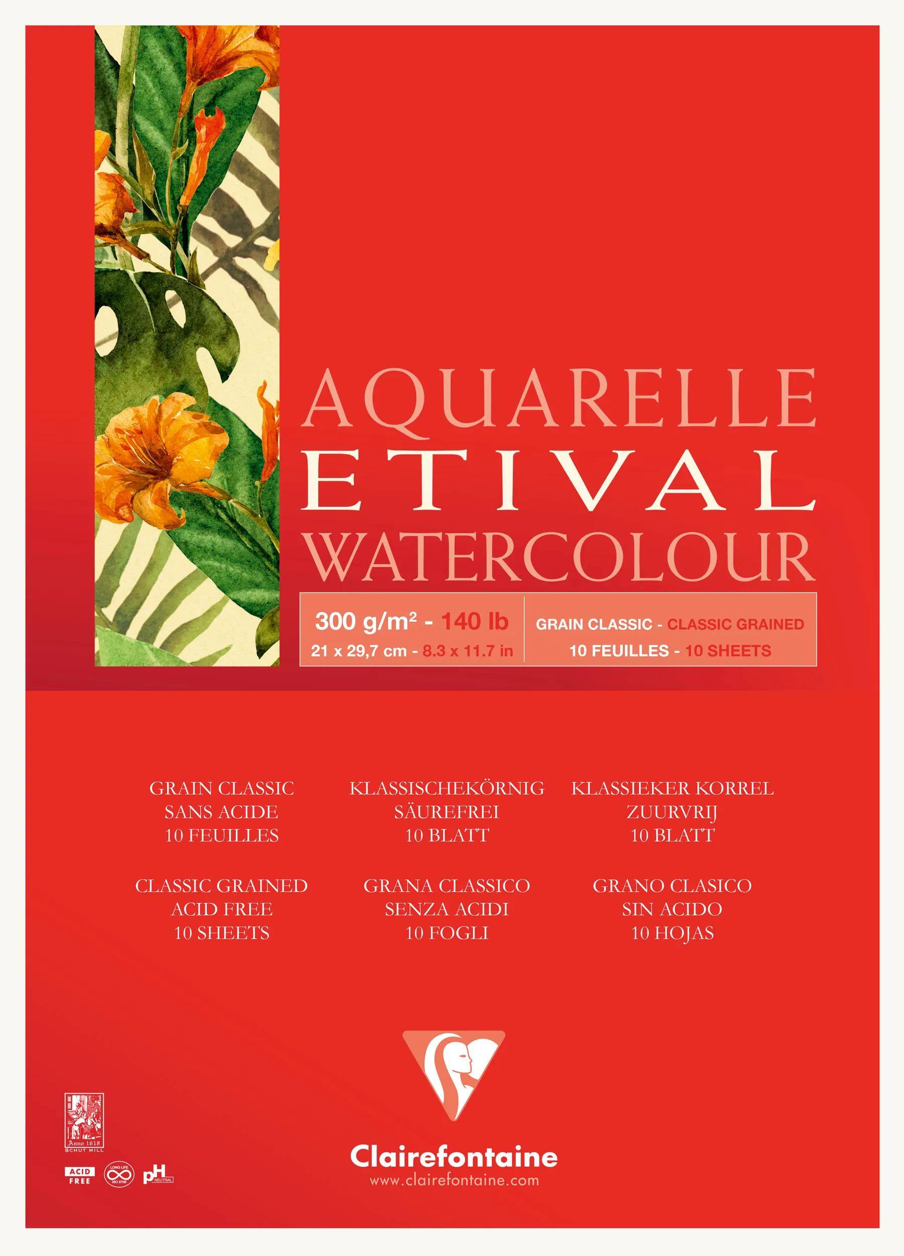 Clairefontaine 5x Etival Aquarellpapier, Block A4 geleimt, 10 Blatt 300g 96391C