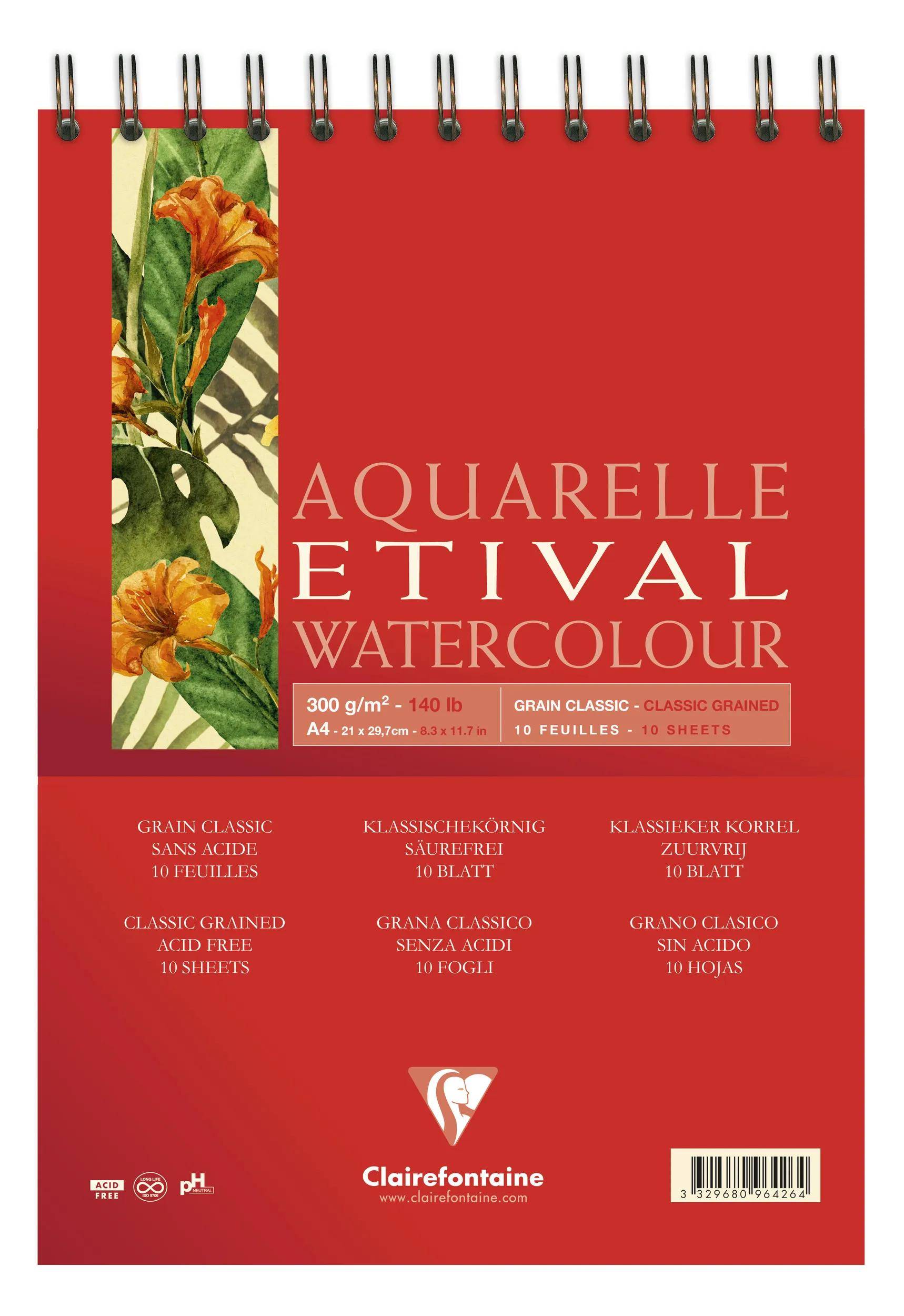 Rotes Aquarellpapier-Blockcover mit Spiralbindung, Blumenstreifen auf der linken Seite und Text „AQUARELLE ESTIVAL WATERCOLOUR