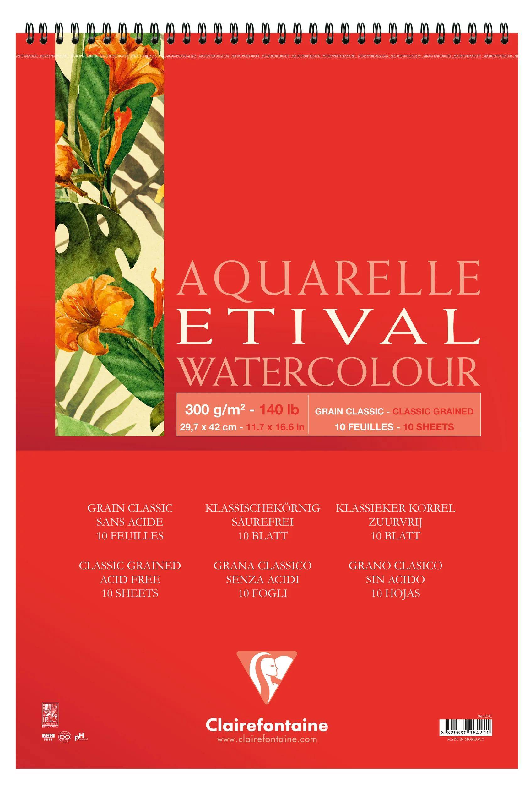 Clairefontaine 5x Etival Aquarellpapier Block, Doppelspirale A3 10 Blatt 96427C