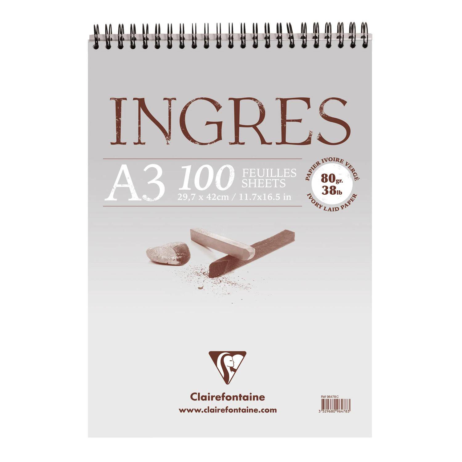 Umschlag eines INGRES A3-Skizzenbuchs, 100 Blätter, 80-g-Papier, mit Spiralbindung und Clairefontaine-Branding.