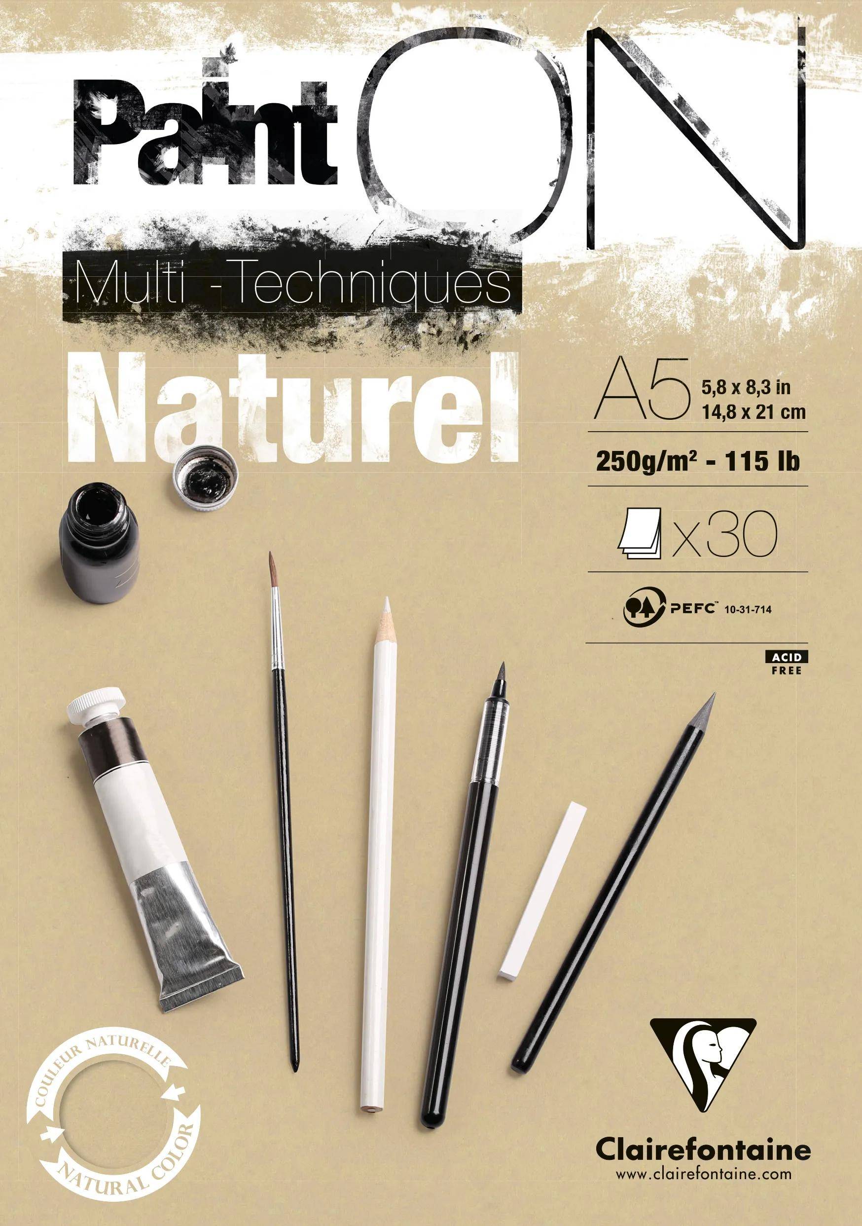 Umschlag eines Clairefontaine-Malblocks: 'Paint ON Multi-Techniques Naturel', A5, 250g/m², 30 Blatt, zum Malen und Zeichnen.