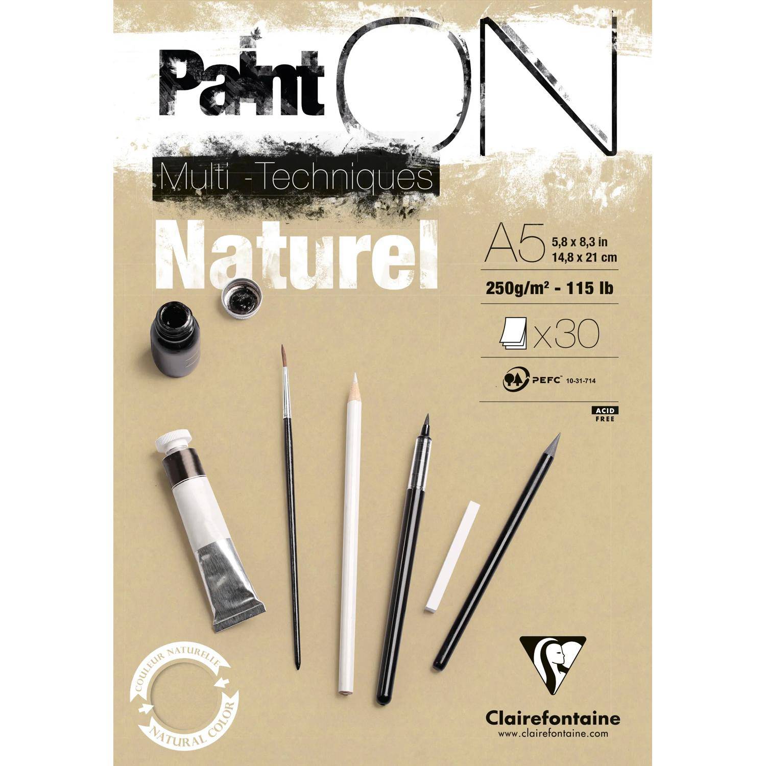 Umschlag des Clairefontaine Paint'ON Naturel A5 Multitechniken-Blocks, 30 Blatt, 250 g/m², mit abgebildeten Kunstwerkzeugen auf beigefarbenem Hintergrund.