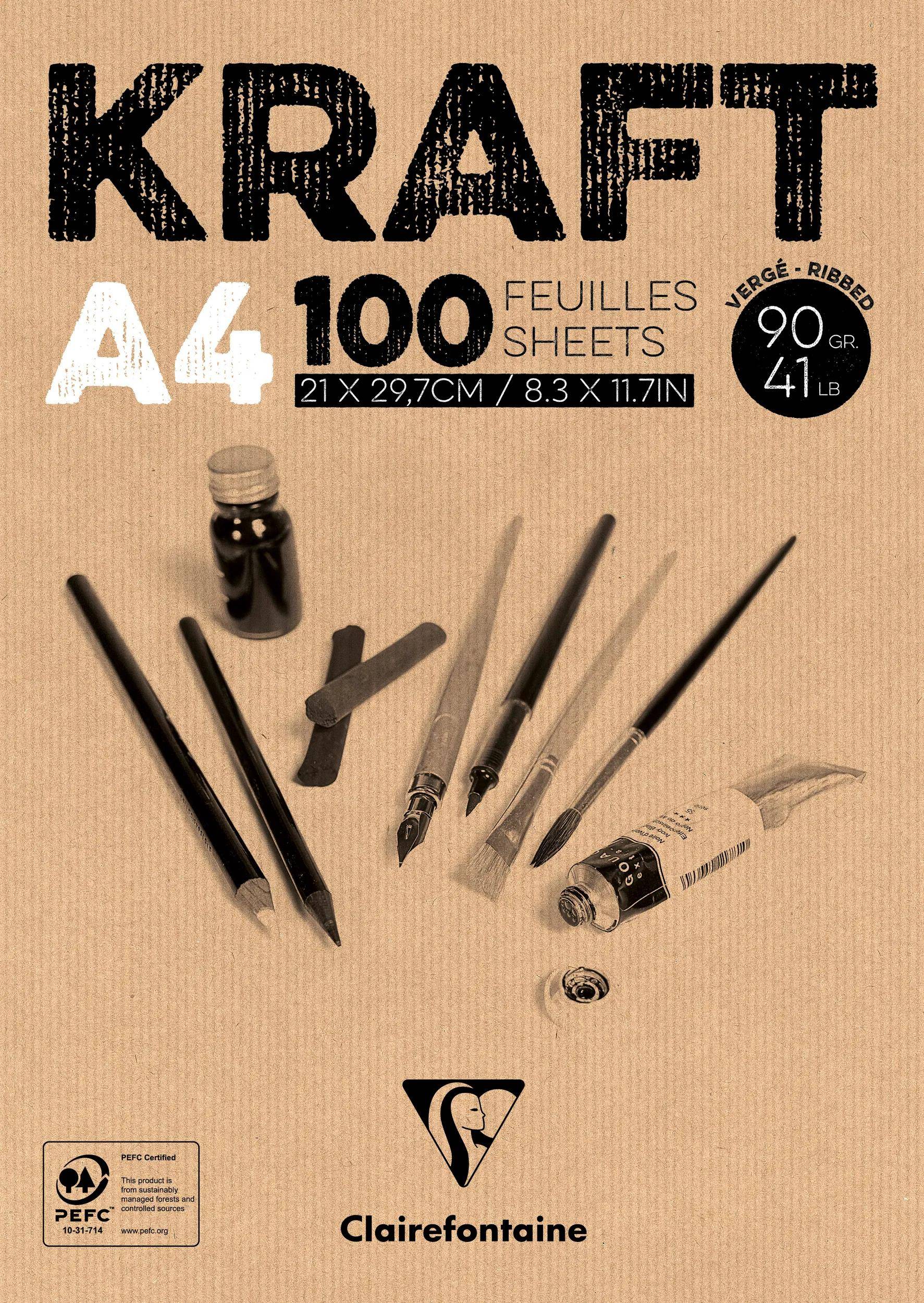 Verpackung für Clairefontaine KRAFT A4 Papier, 100 Blatt, 90 g/m2, mit Stiften und Kunstbedarf auf der Verpackung.