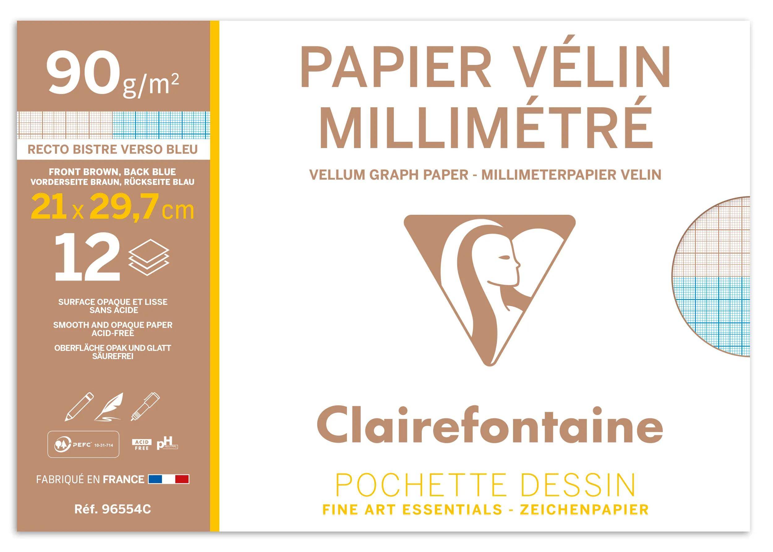 Clairefontaine 10x Millimeterpapier A4, Packung mit 12 Blatt 90g 96554C