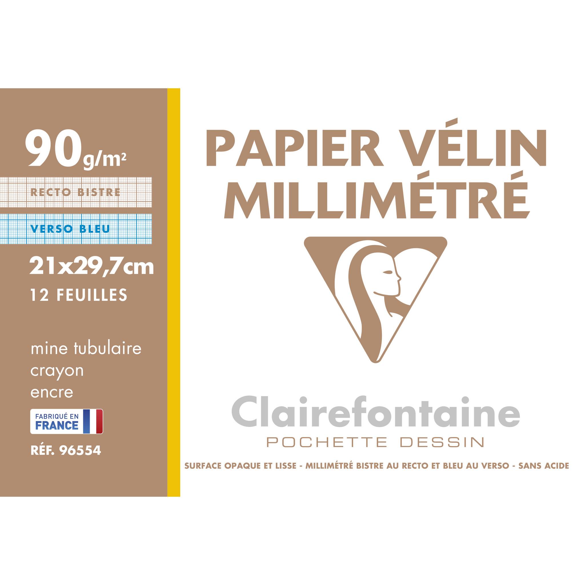 Vorderseite eines Clairefontaine-Transparentpapier-Notizblocks mit Raster, 21 x 29,7 cm, 12 Blatt, 90 g/m², mit Vorderseite in Bisterbraun und Rückseite in Blau.