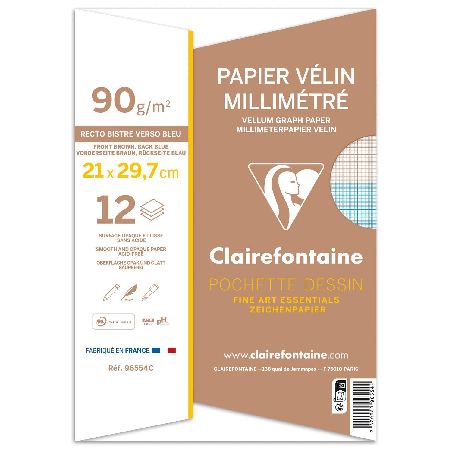 Paket Clairefontaine-Millimeterpapier, 21 x 29,7 cm, 90 g/m², 12 Blatt, mit weißem und braunem Umschlag mit Millimeterrastermuster.