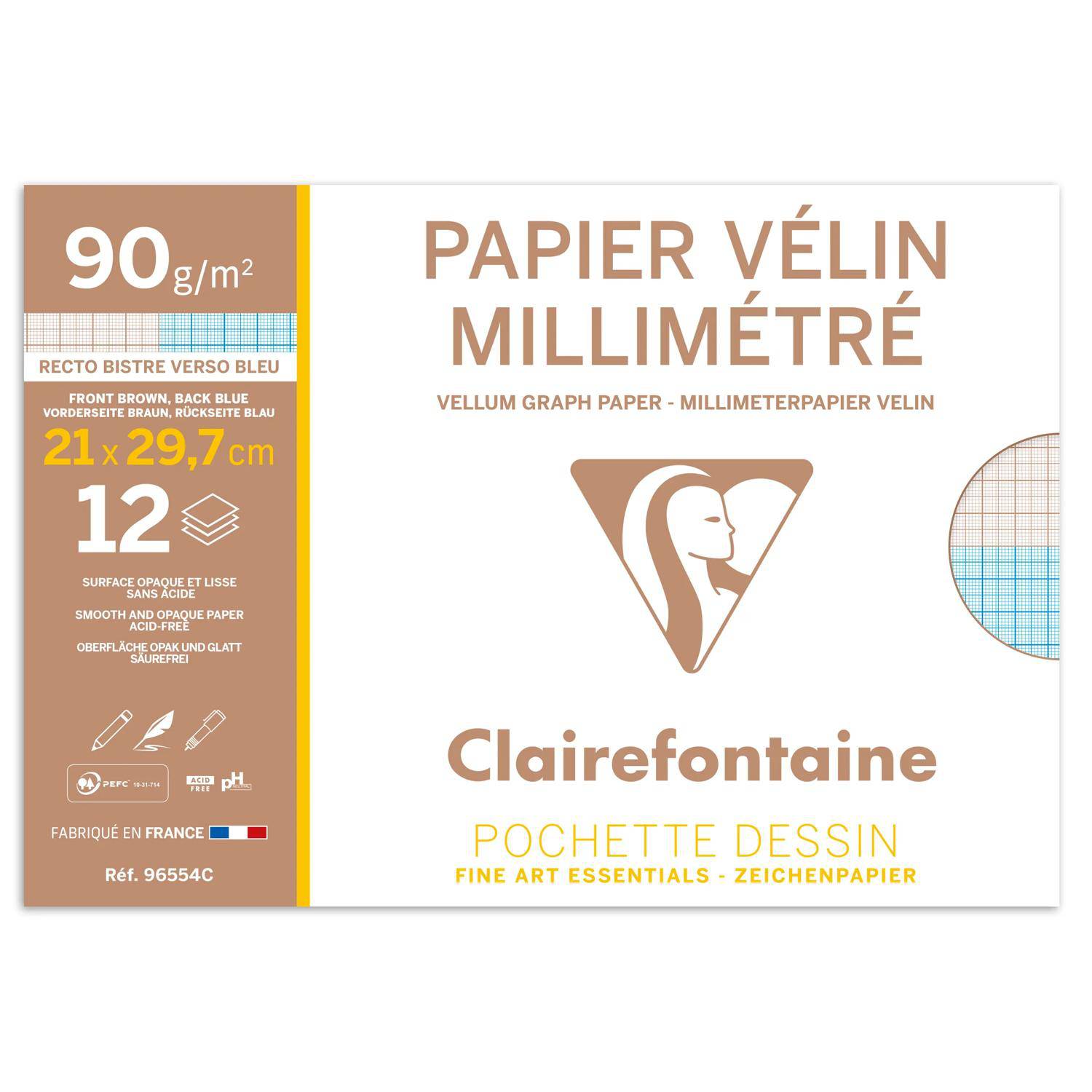 Paket Clairefontaine Millimeter-Transparentpapier, 90 g/m², 21 x 29,7 cm, 12 Blatt, mit Millimeterpapier-Vorschau und französischen Produktdetails.