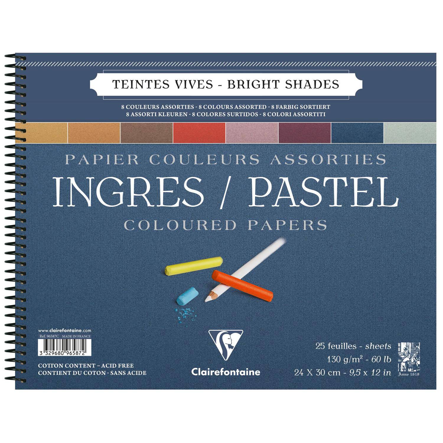 Umschlag eines Clairefontaine-Notizblocks aus farbigem Papier mit der Bezeichnung "INGRES / PASTEL"" und ""Bright Shades"", mit Büroklammern und Produktdetails.