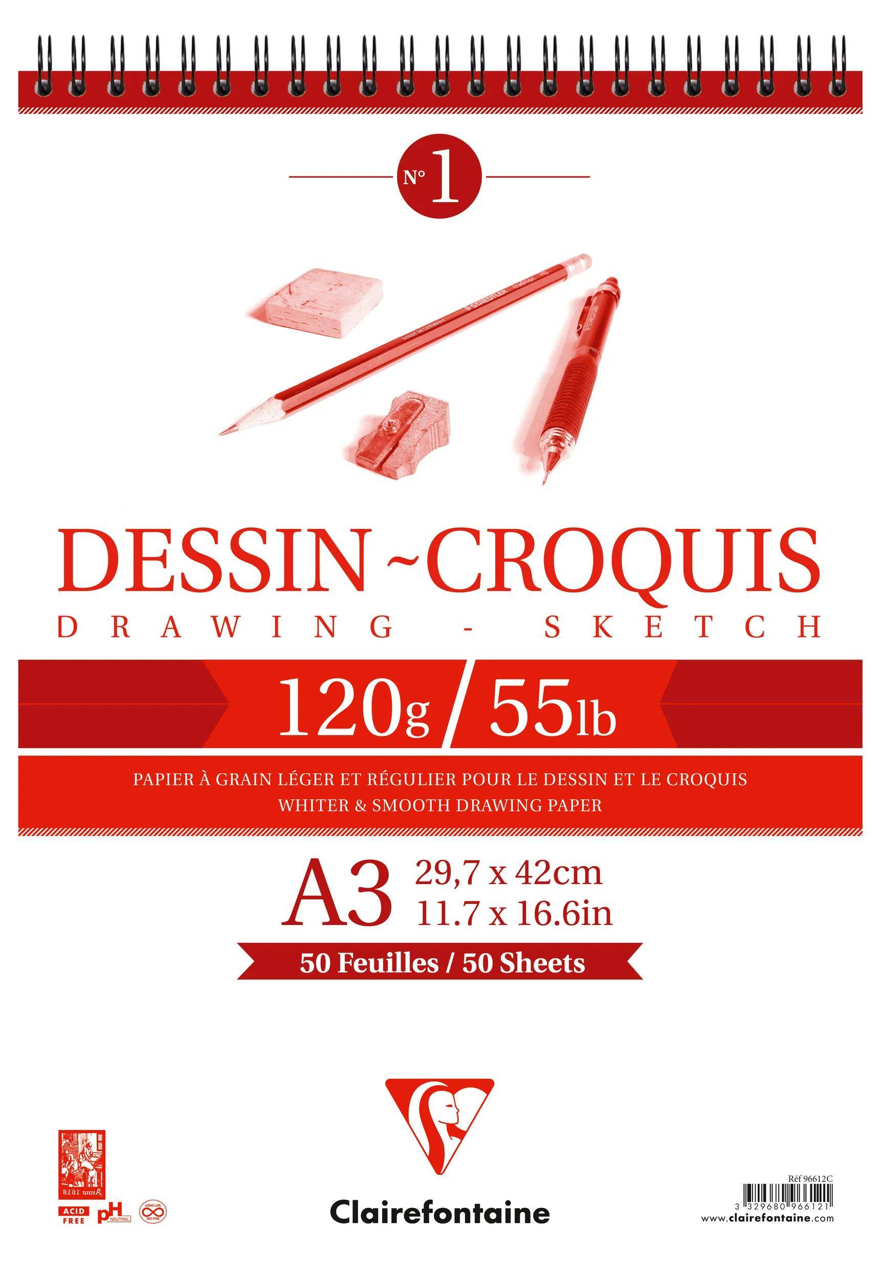 Clairefontaine 5x Zeichen- und Skizzenpapier, Block 50 Blatt A3 weiß 96612C