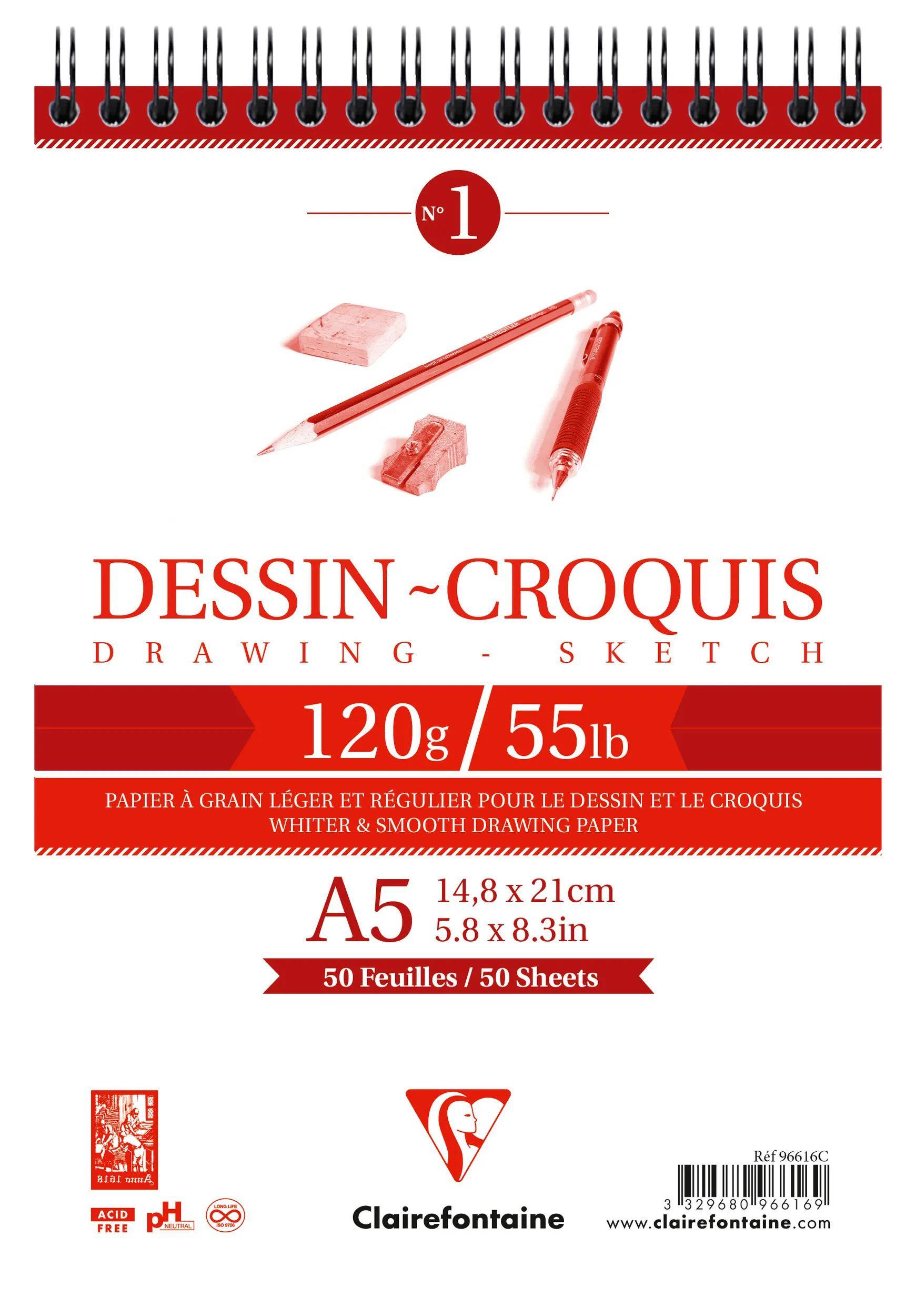 Clairefontaine 5x Zeichen- und Skizzenpapier, Block 50 Blatt A5 weiß 96616C