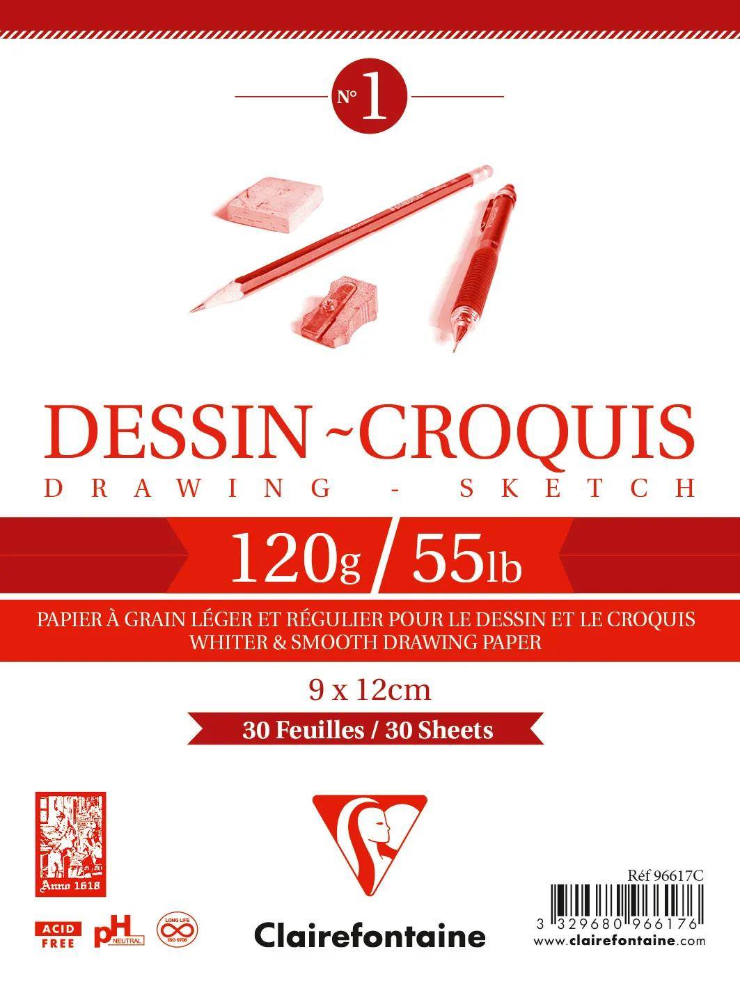 Vorderseite des Clairefontaine Dessin-Croquis Zeichenblocks, 120g/55 lb, 30 Blatt, 9 x 12 cm, mit Abbildungen von Bleistift und Radiergummi.
