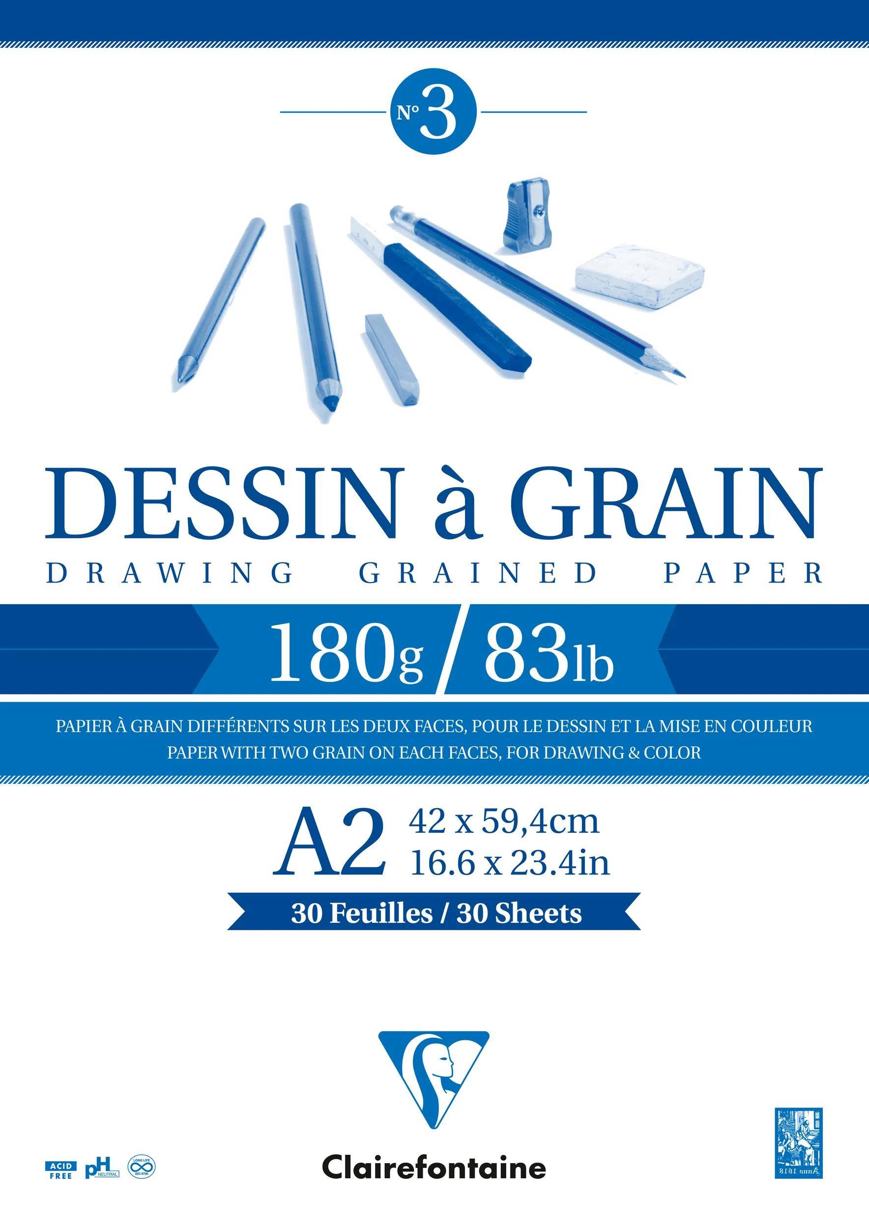 Verpackung für Clairefontaine 'Dessin à Grain' A2-Zeichenpapier, 30 Blatt, 180g/83lb, mit abgebildeten Bleistiften und Radiergummi.