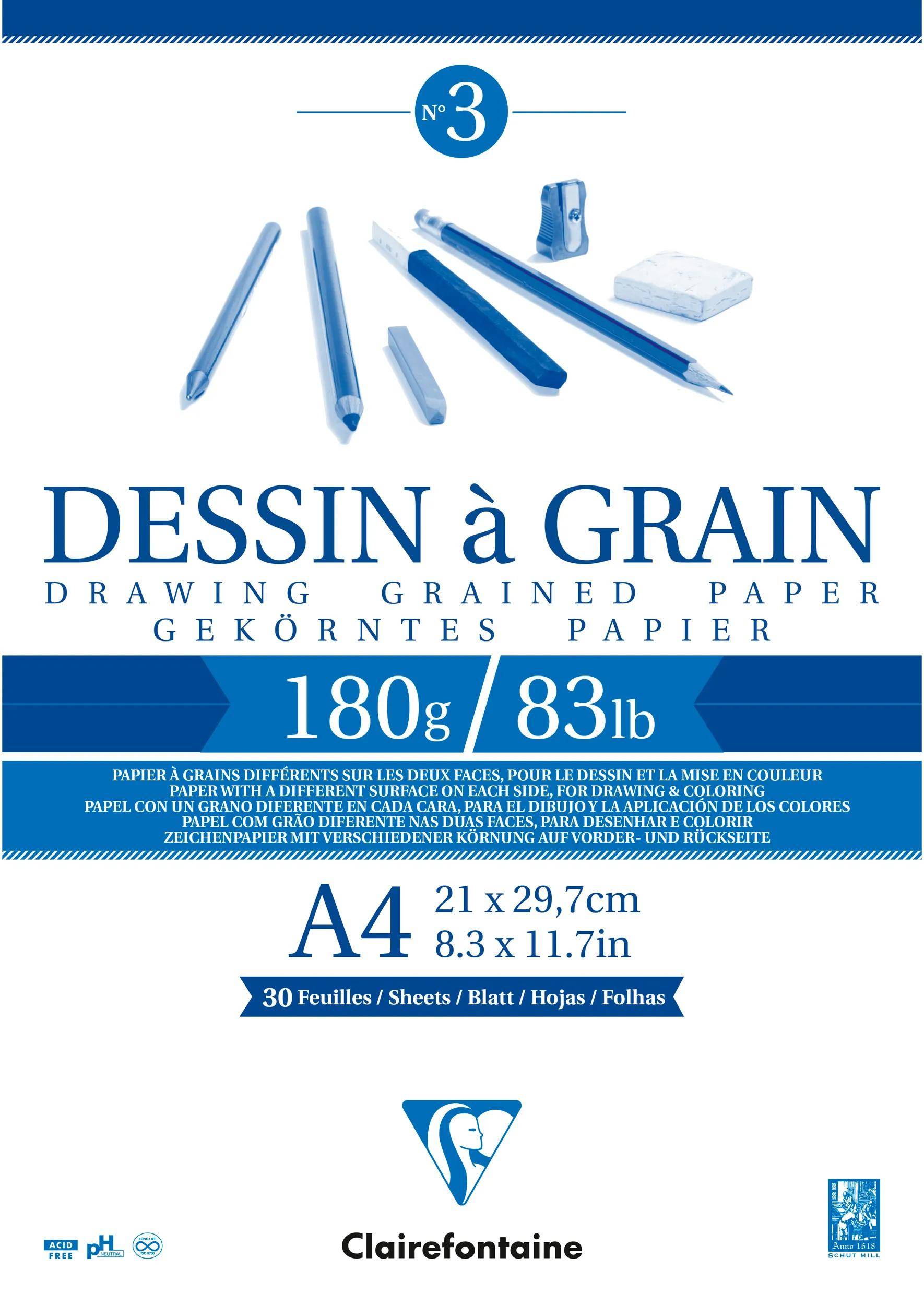 Clairefontaine 5x Gekörntes Zeichenpapier, Block geleimt 30 Blatt A4 weiß 96624C