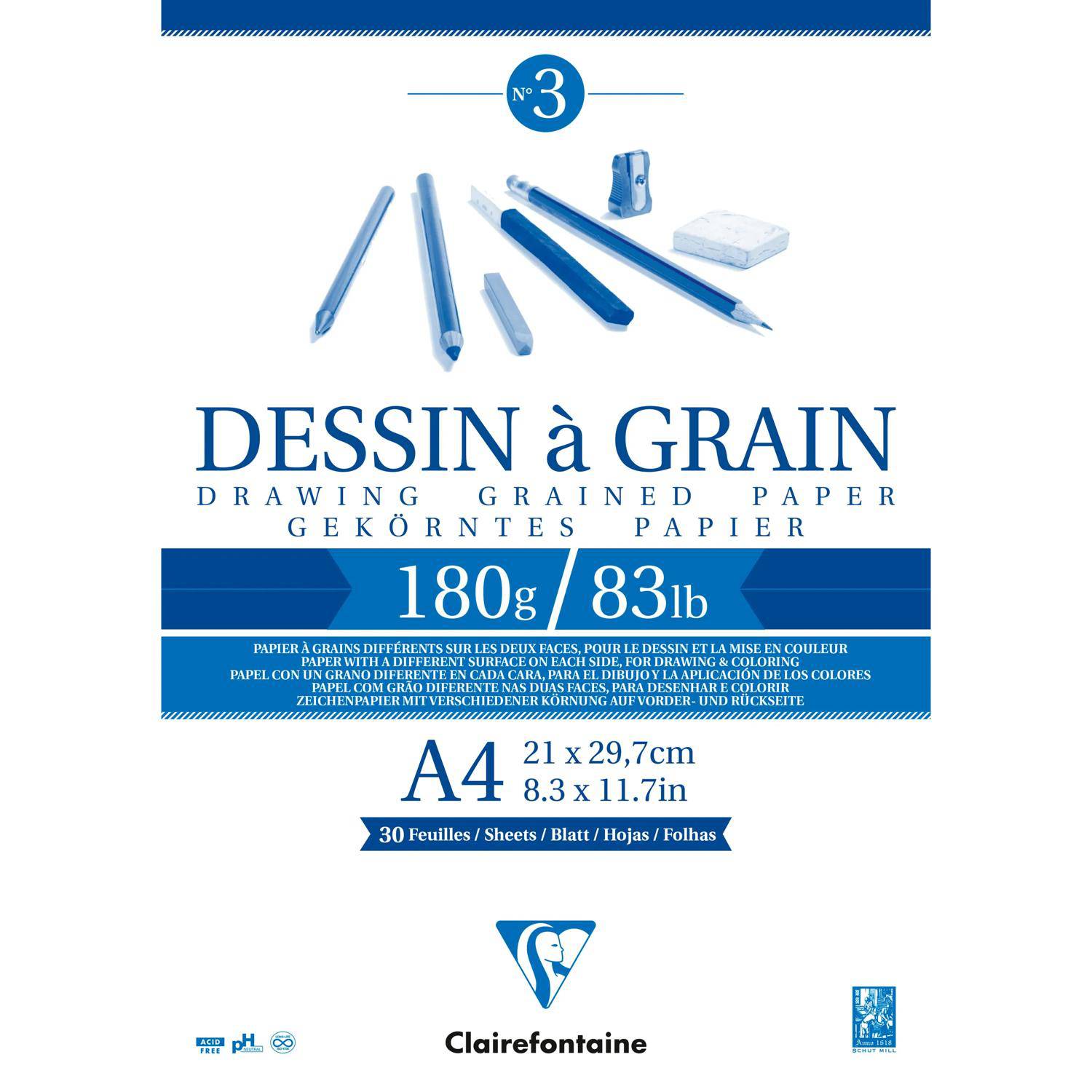 Verpackung für Clairefontaine 'Dessin à Grain' A4-Zeichenpapier, 180g/83lb, 30 Blatt, mit Illustration von Bleistift und Anspitzer.