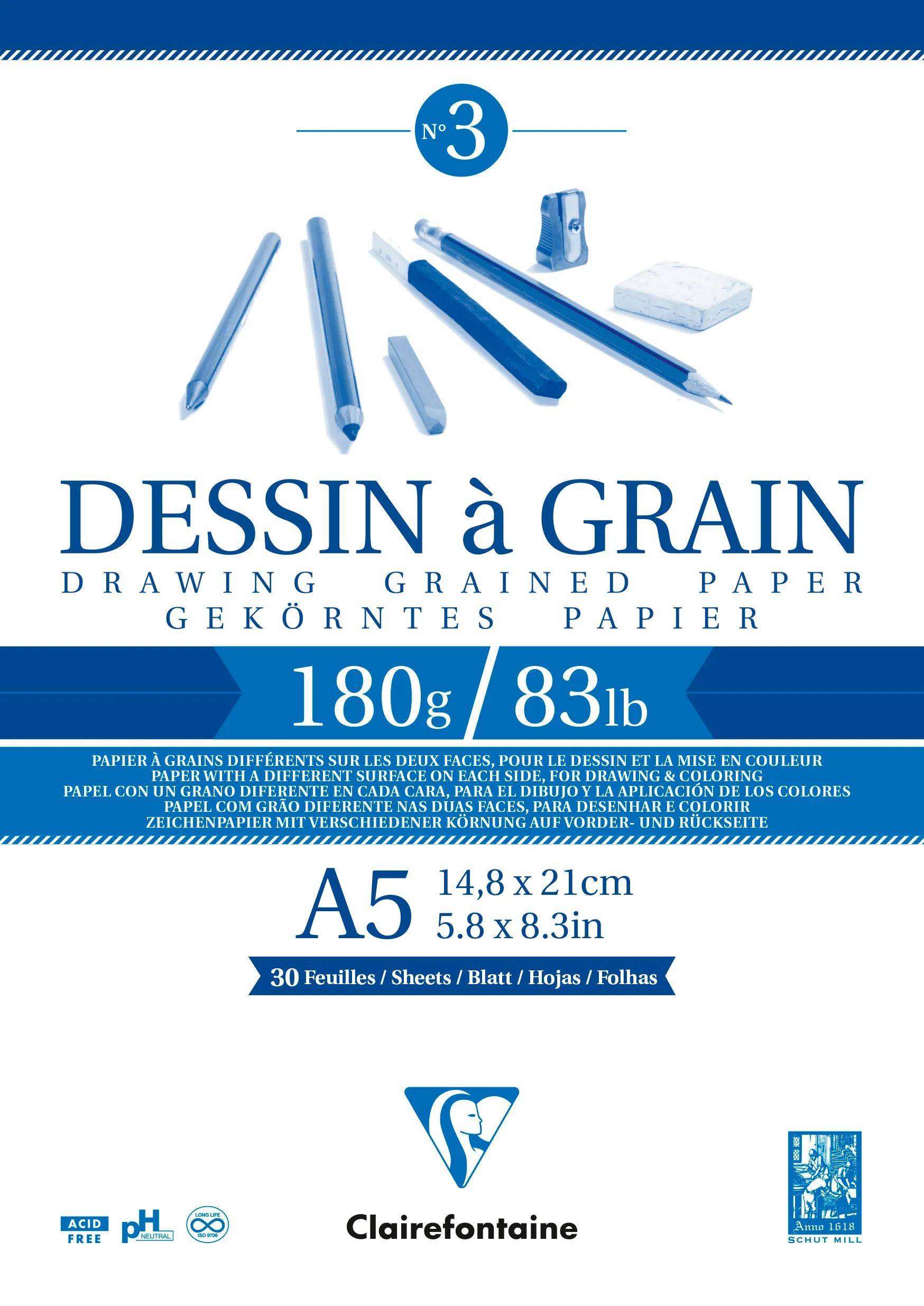 Clairefontaine 5x Gekörntes Zeichenpapier, Block geleimt 30 Blatt A5 weiß 96626C