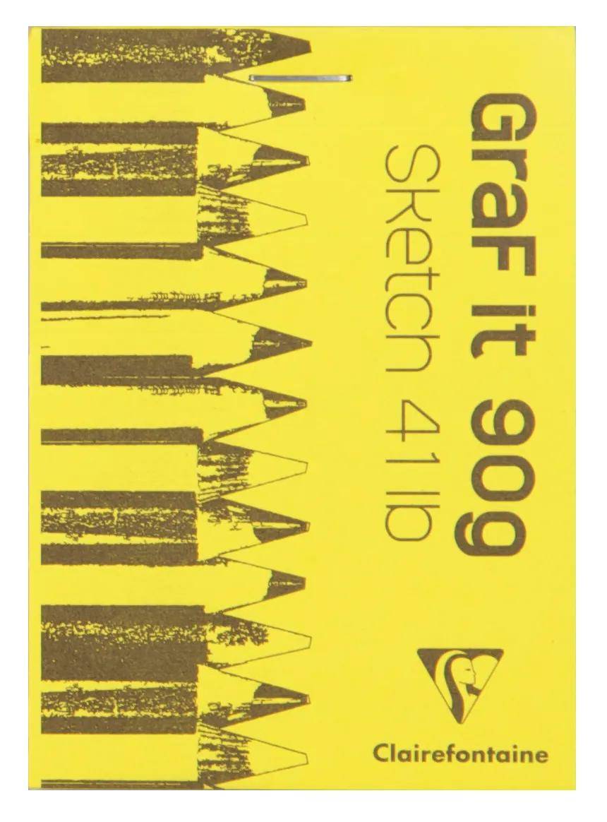 Gelber Skizzenblock 411b Graf it 90g Clairefontaine Papierblock mit schwarzer bleistiftartiger Zickzack-Grafik und großem vertikalem Titeltext.