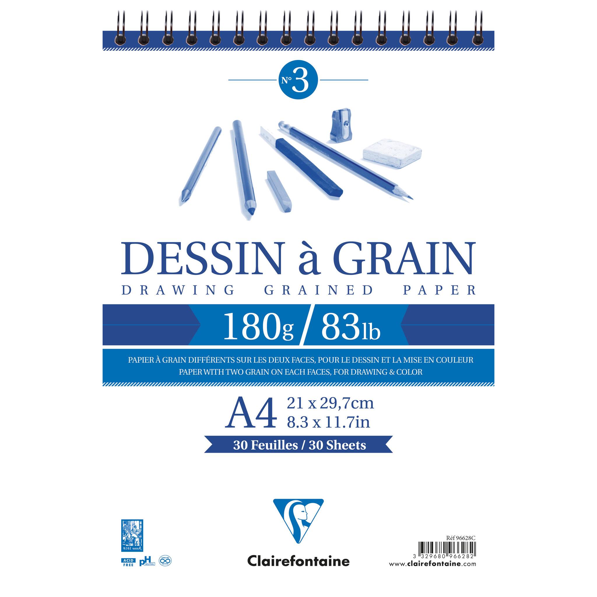 Produktabdeckung für Clairefontaine 'Dessin à Grain' A4-Zeichenpapier, 180 g, 30 Blatt, mit Illustration von Stiften und Radierer.
