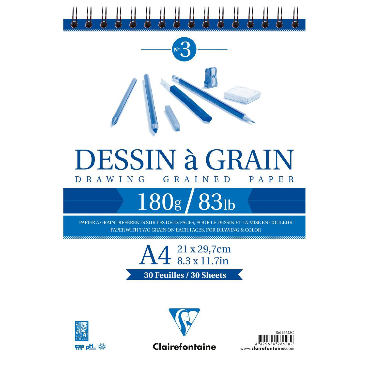 Umschlag eines Clairefontaine-Skizzenpapierblockes mit der Bezeichnung „Dessin à Grain", Format A4, 180g/83lb, 30 Blatt, mit Illustration von blauen Zeichenwerkzeugen.