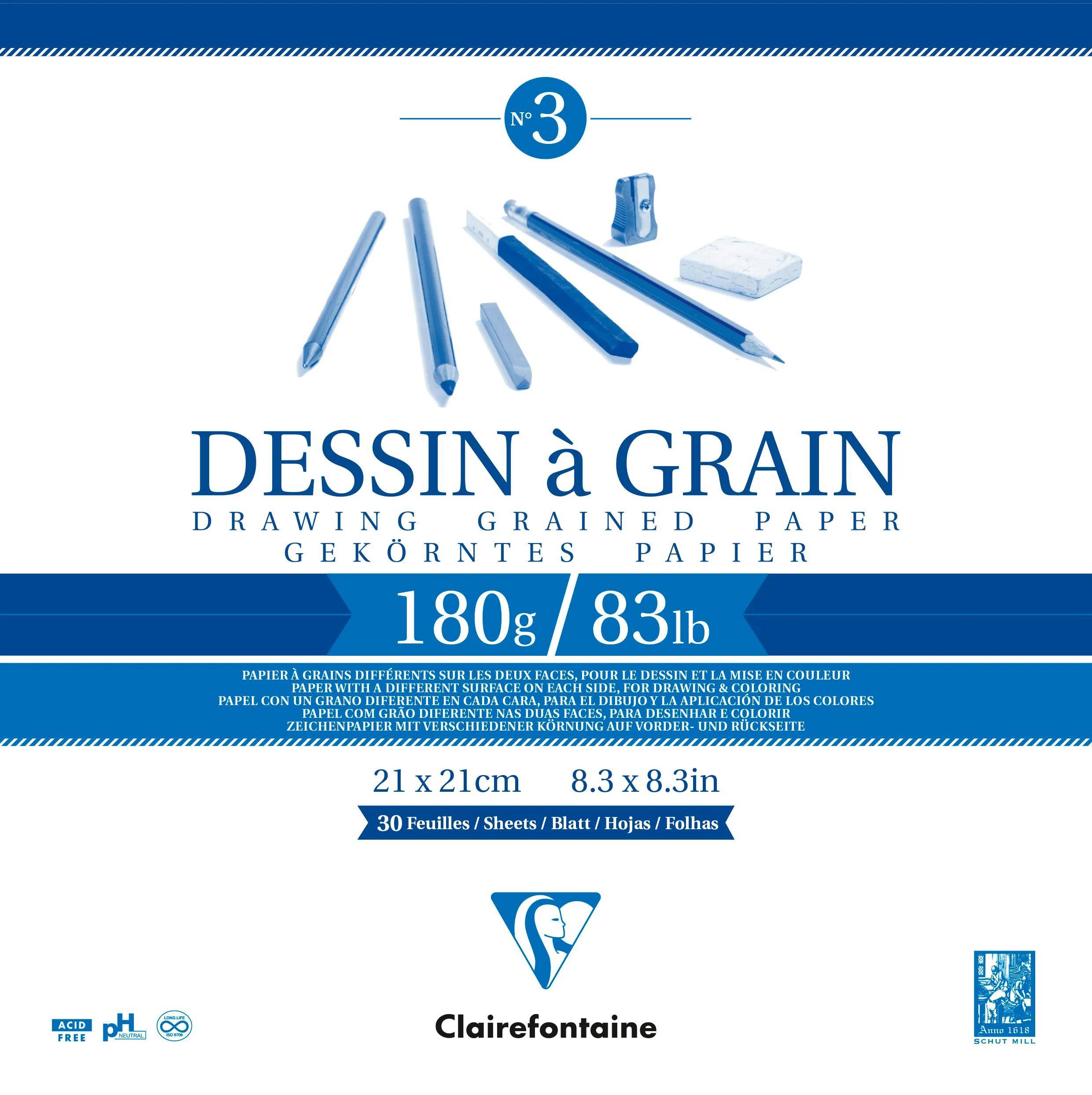 Clairfontaine 'Dessin à Grain' Zeichenpapierblock, 180g/83lb, 21 x 21 cm, 30 Blatt, wie auf der Produktabdeckung gezeigt.