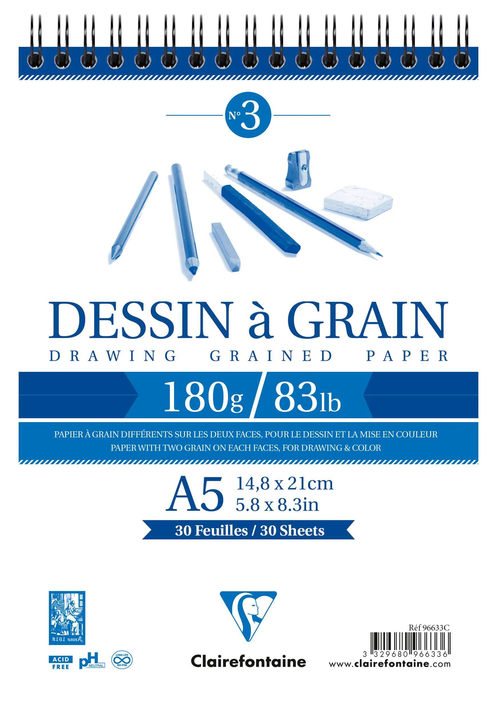 Clairefontaine 5x Gekörntes Zeichenpapier, Block, 30 Blatt A5 weiß 96633C