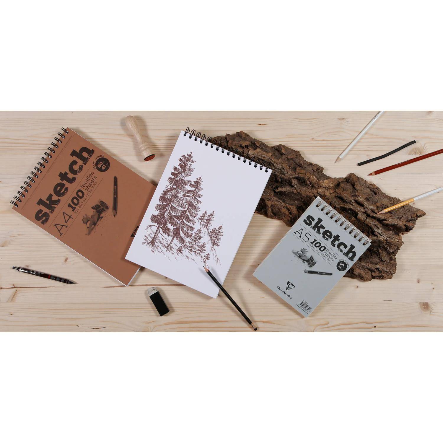 Draufsicht auf Skizzenbücher und Zeichenwerkzeuge auf einem Holzschreibtisch, einschließlich einer offenen botanischen Skizze und zwei „Skizzen"-Blöcken.