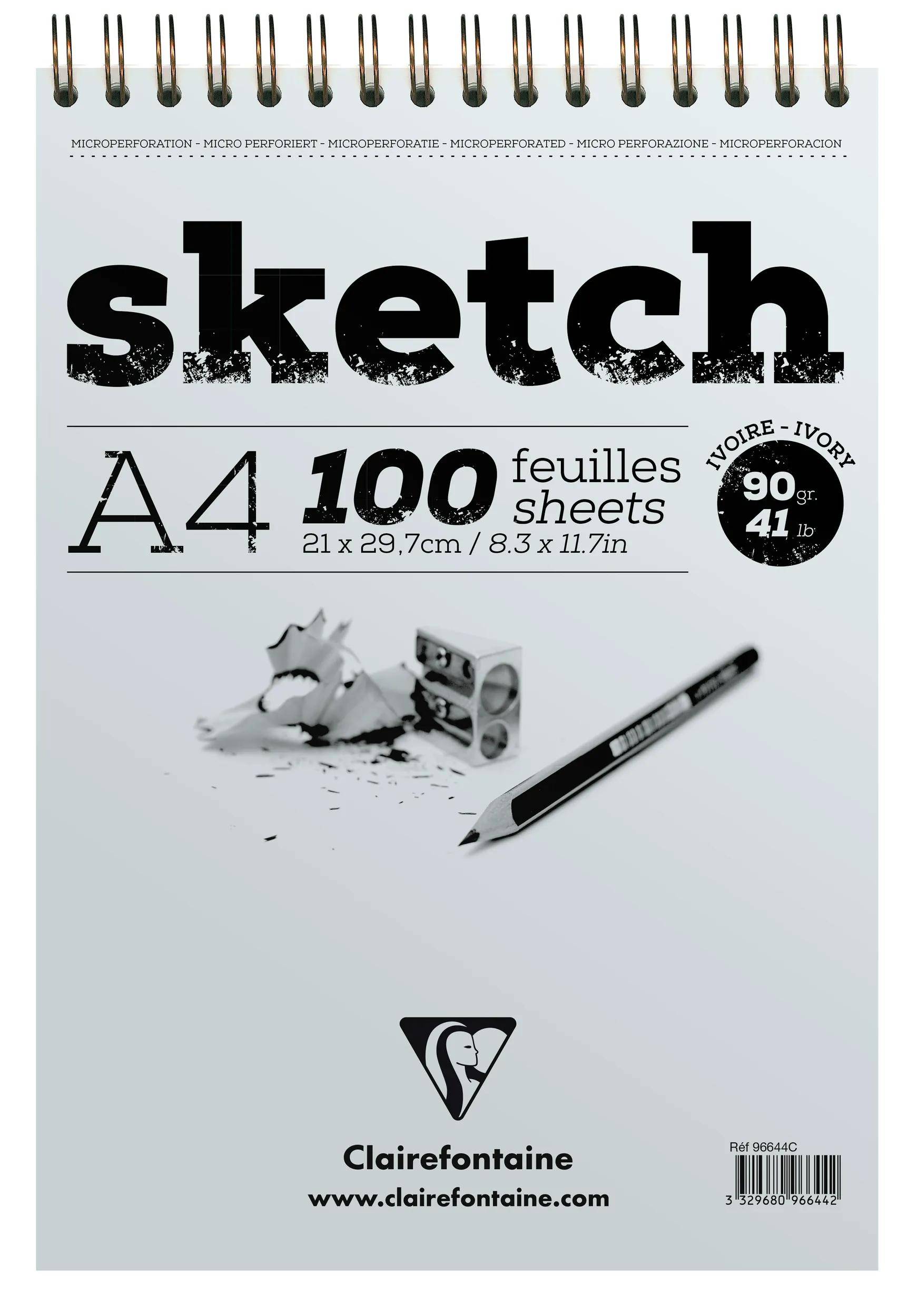 Umschlag eines Clairefontaine 'Sketch' A4 Zeichenblocks, 100 Blatt, Elfenbein 90 g/m², mit Bleistift- und Radiergummi-Illustration.