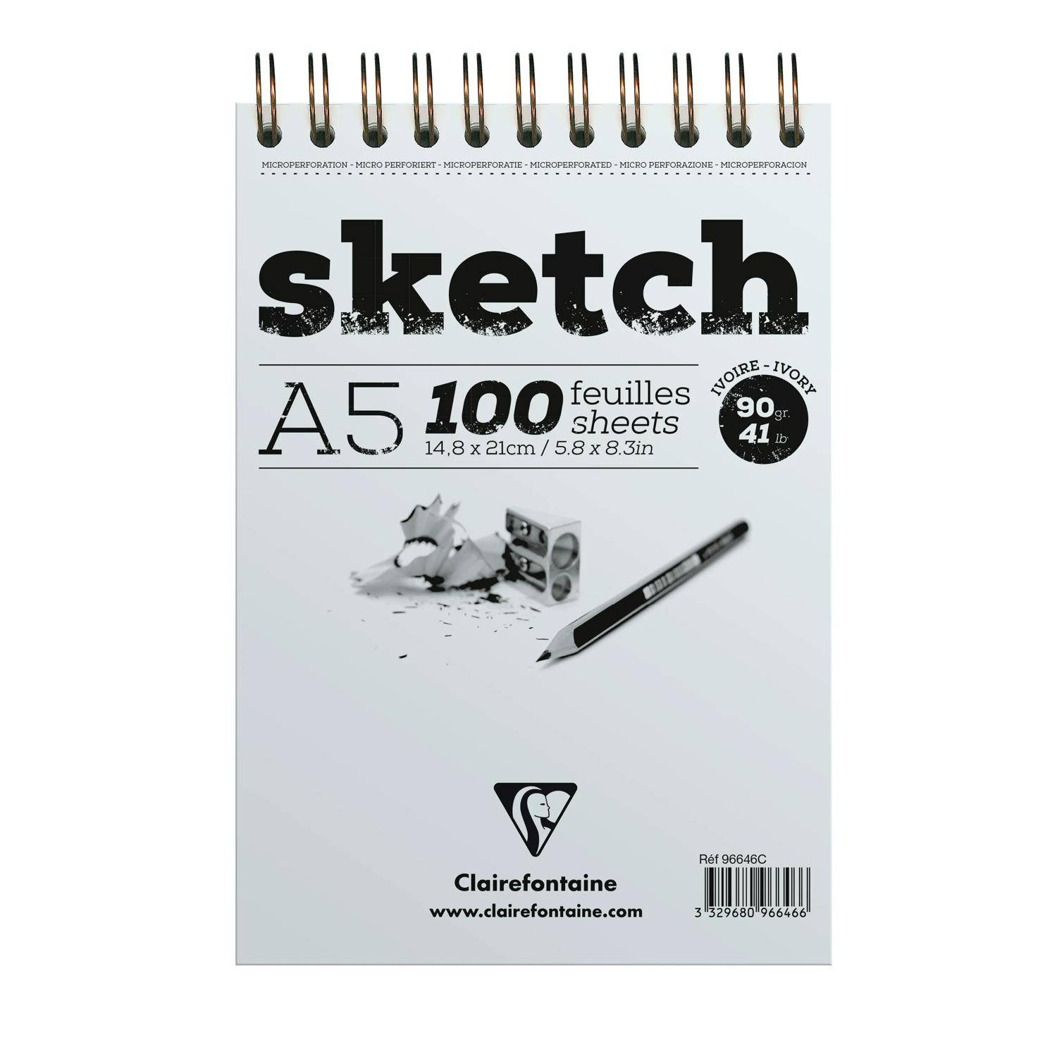 Umschlag eines Clairefontaine Skizzenblockes mit der Bezeichnung „sketch", A5, 100 Blatt, 14,8 x 21 cm, 90 g, mit Abbildung von Stiftspitzen und Bleistiftspänen.