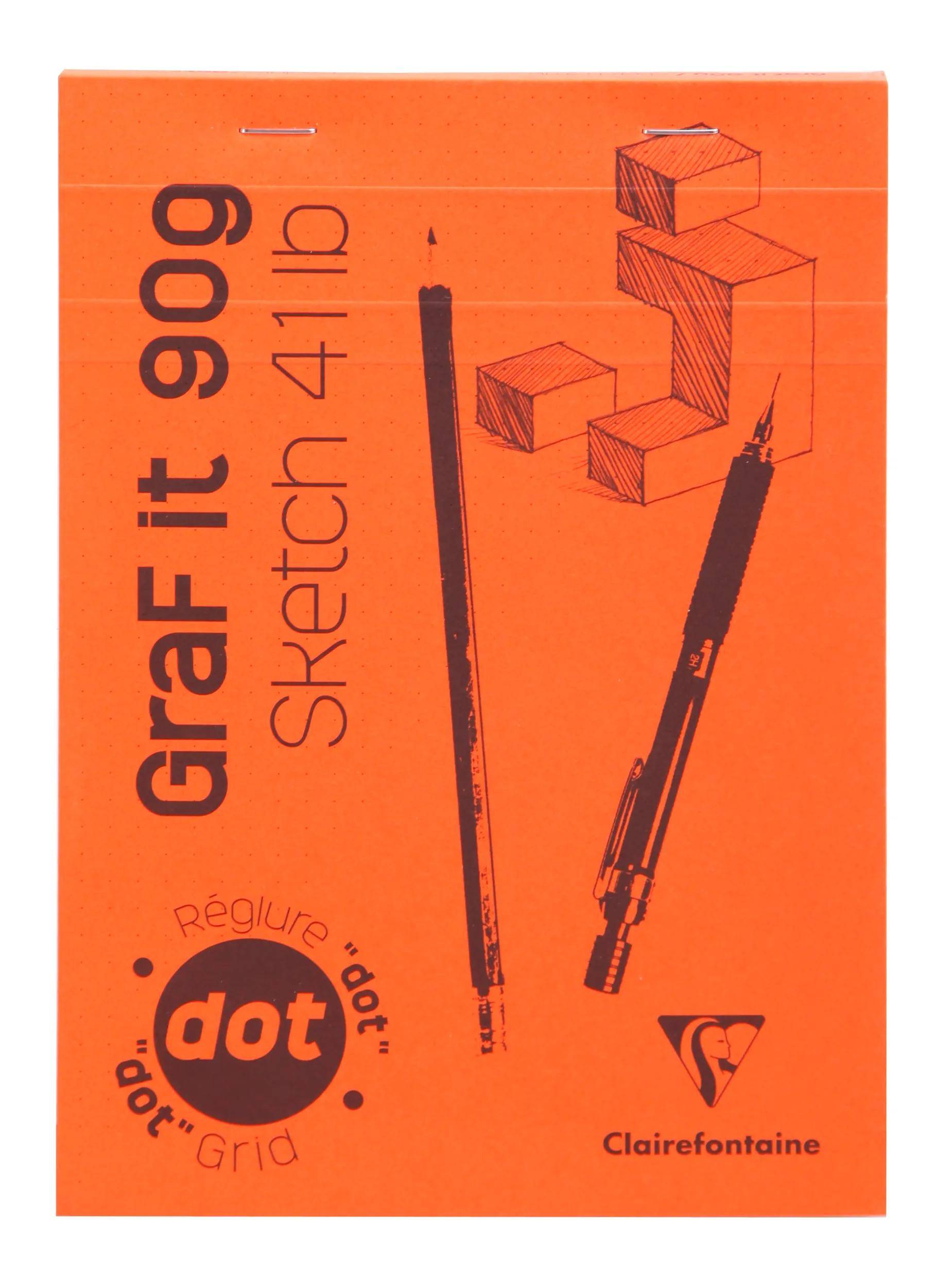 Orange-farbiger Umschlag eines 'Graf it 909 Sketch 41' Skizzenbuchs mit Bleistiftzeichnungen, dem 'dot' Logo und Clairefontaine Branding.