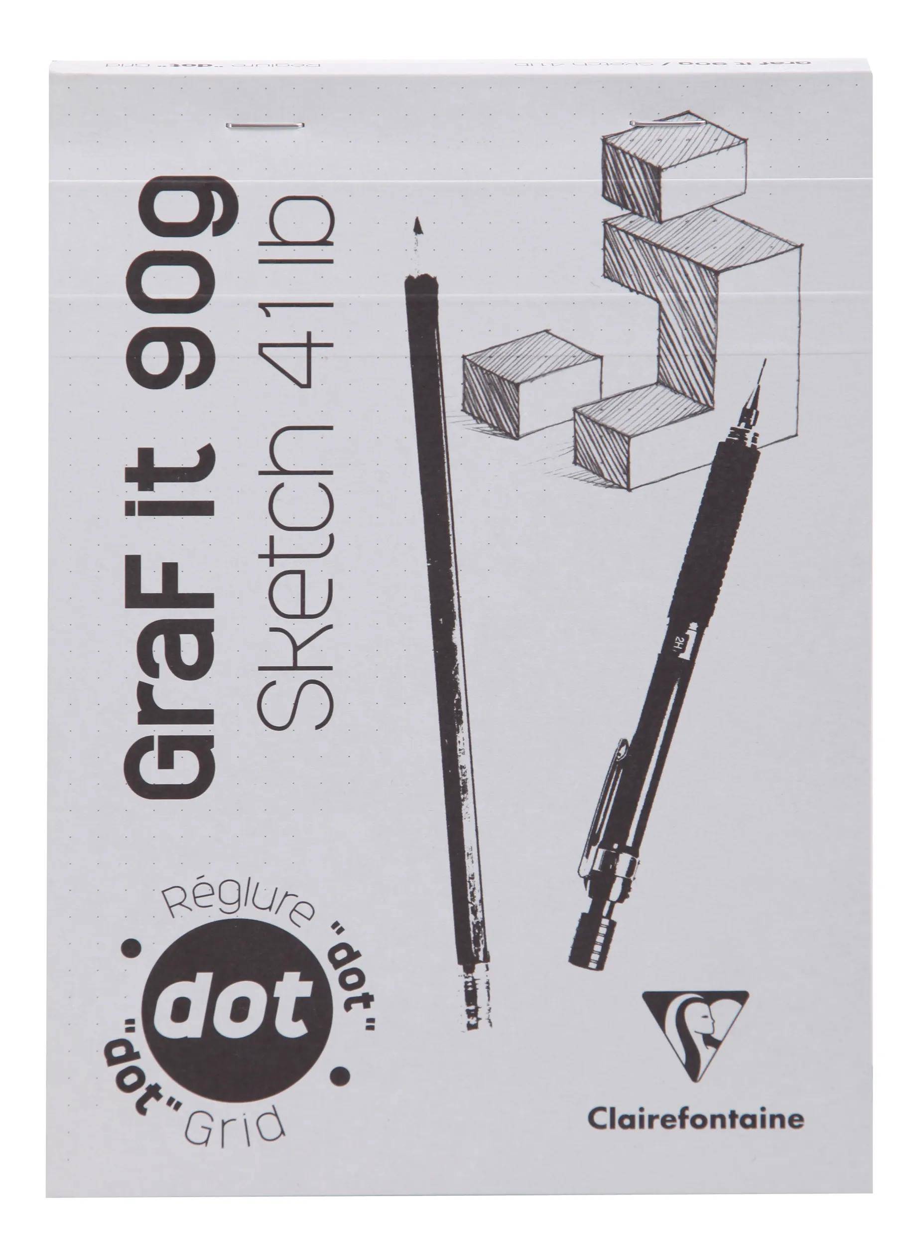 Umschlag eines Clairefontaine 'Graf It 900' Skizzenblocks, 41 lb Punktraster, mit Zeichenstiften und Würfelskizzen auf der Vorderseite.