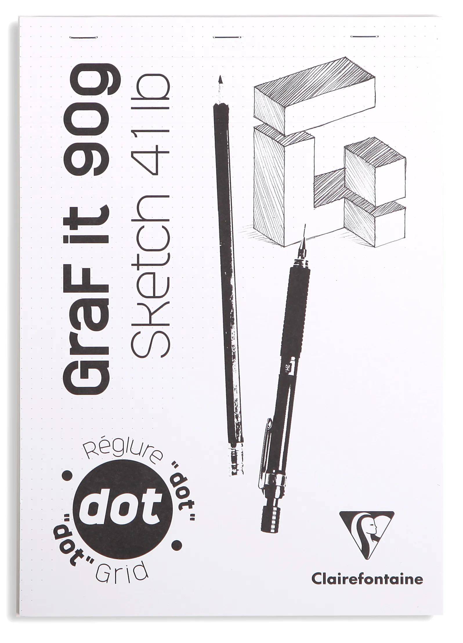 GraF it 909 Skizzenblock-Umschlag mit einem Bleistift, Druckbleistift und skizzierter geometrischer Blockillustration, mit Clairfontaine-Logo und Text „Punktraster