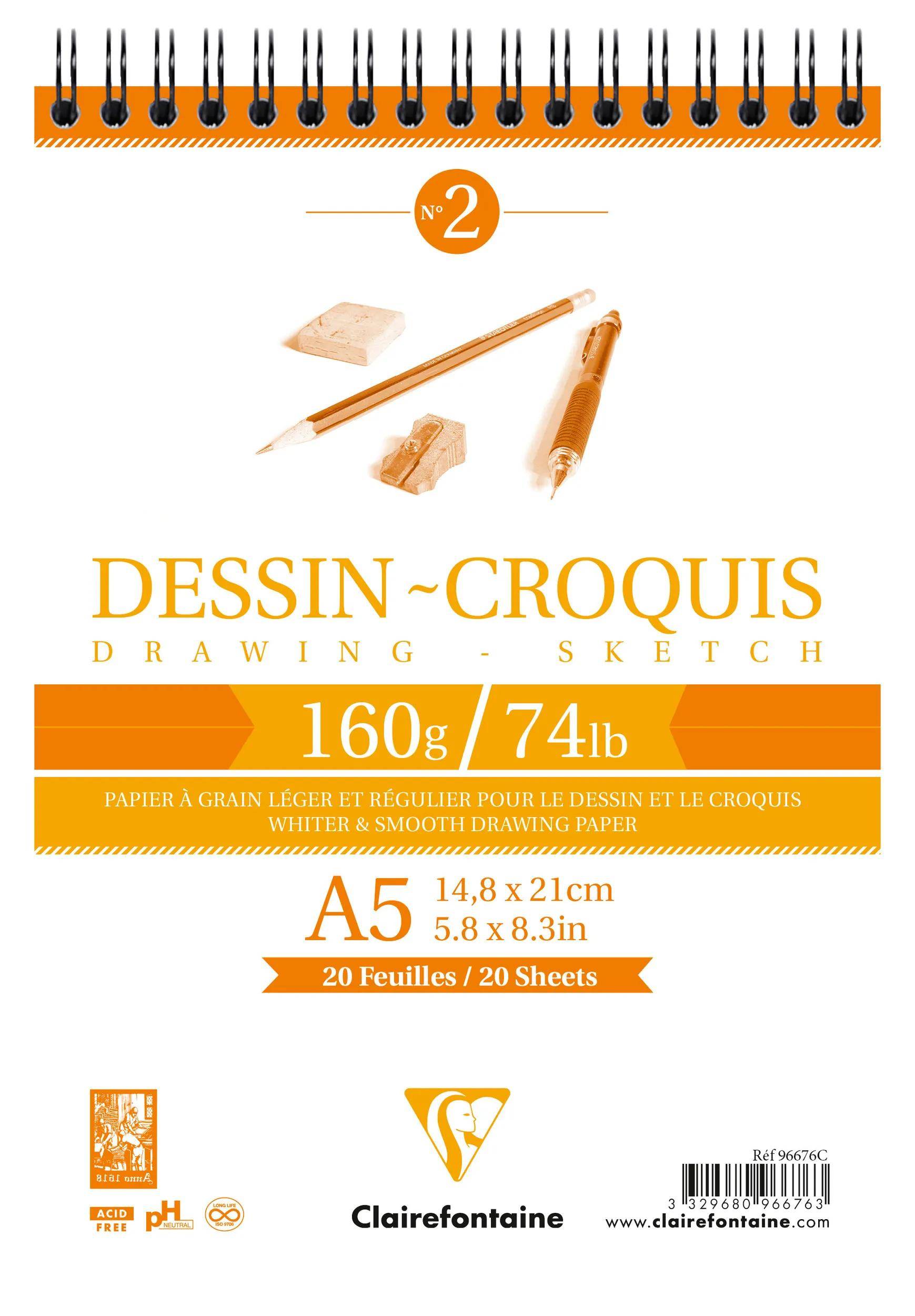 Orange und weißes Produktetikett mit Schreibwaren, mit Text: „Dessin-Croquis