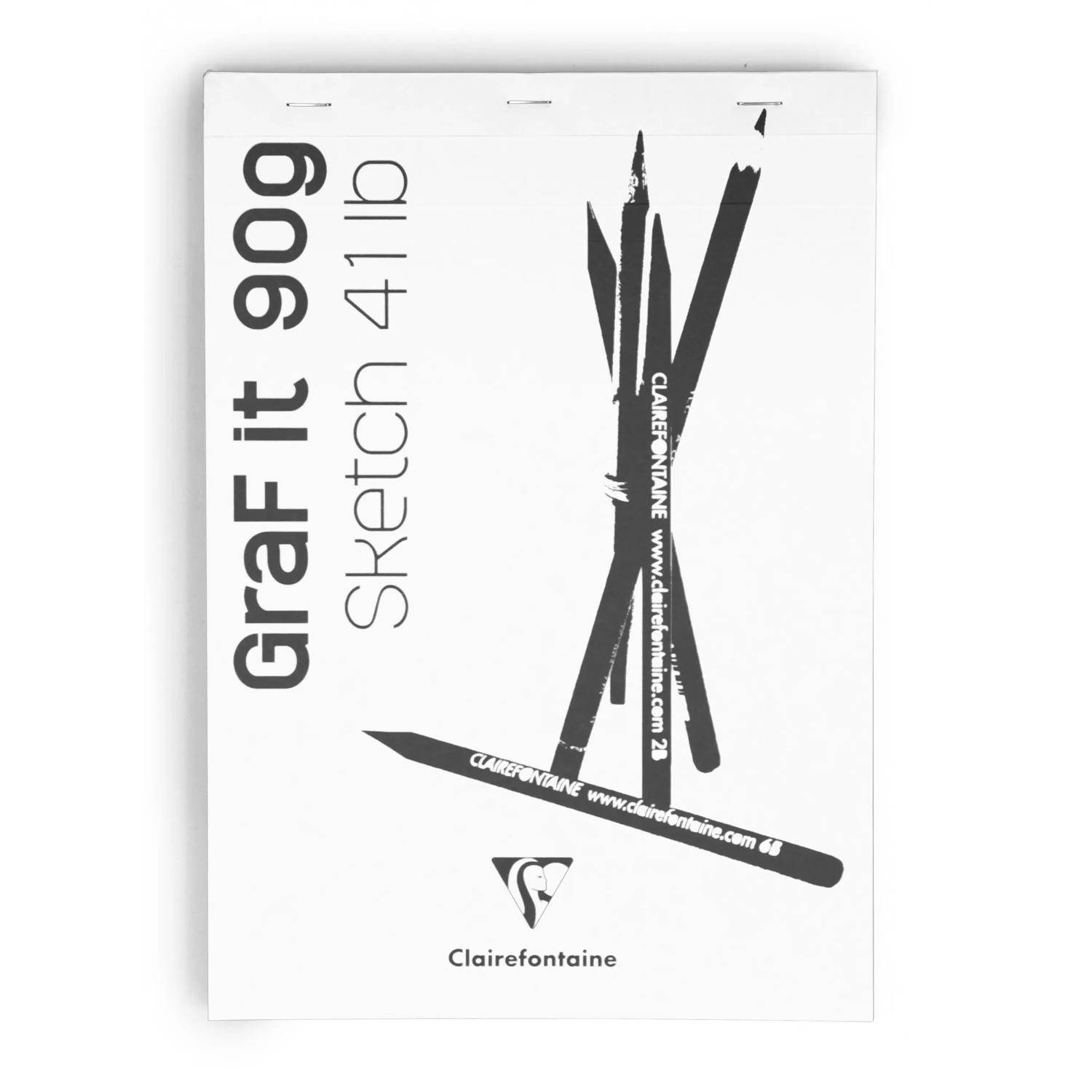 Weiße Clairefontaine-Skizzenblockumschlag mit der Beschriftung „Graf it 960" und „Sketch 4110"", mit schwarzem Pinselstrich-Design und Logo.