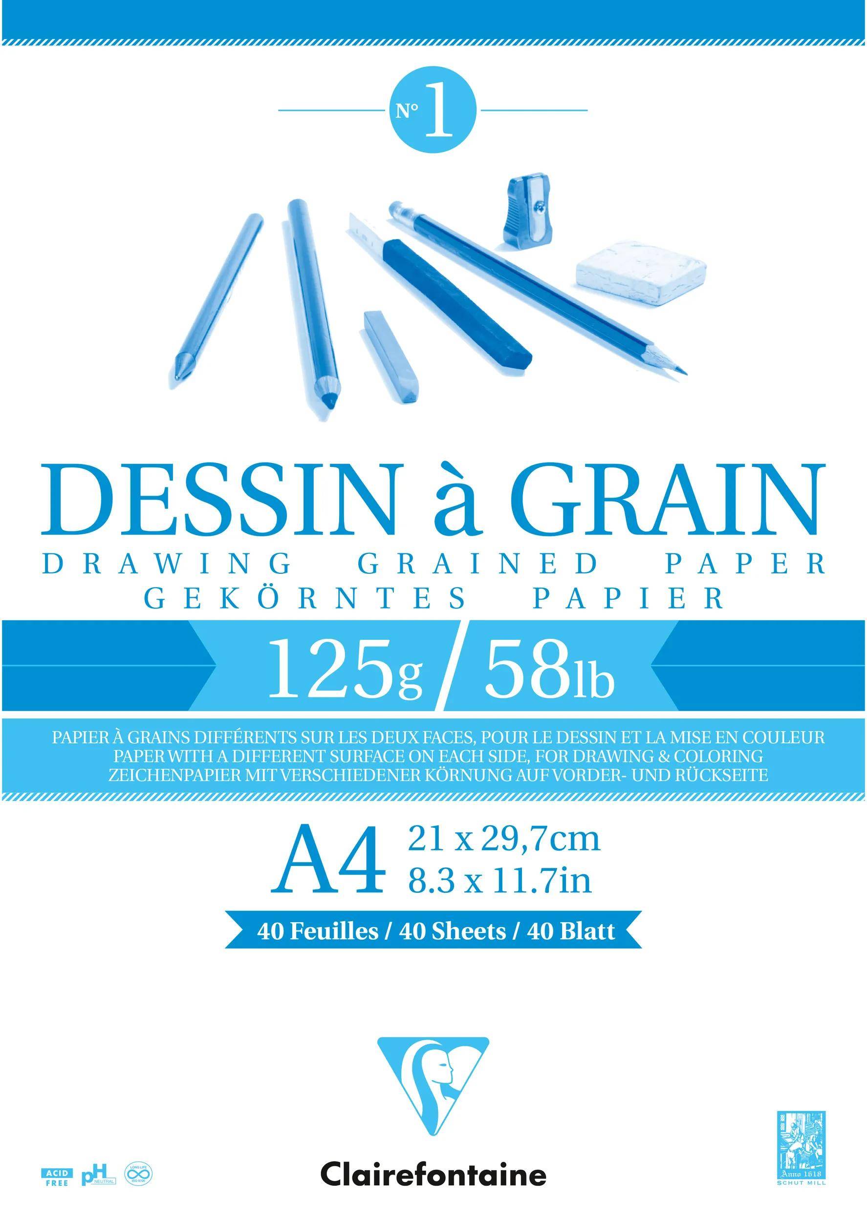 Clairefontaine 5x Gekörntes Zeichenpapier, Block geleimt 40 Blatt A4 weiß 96684C