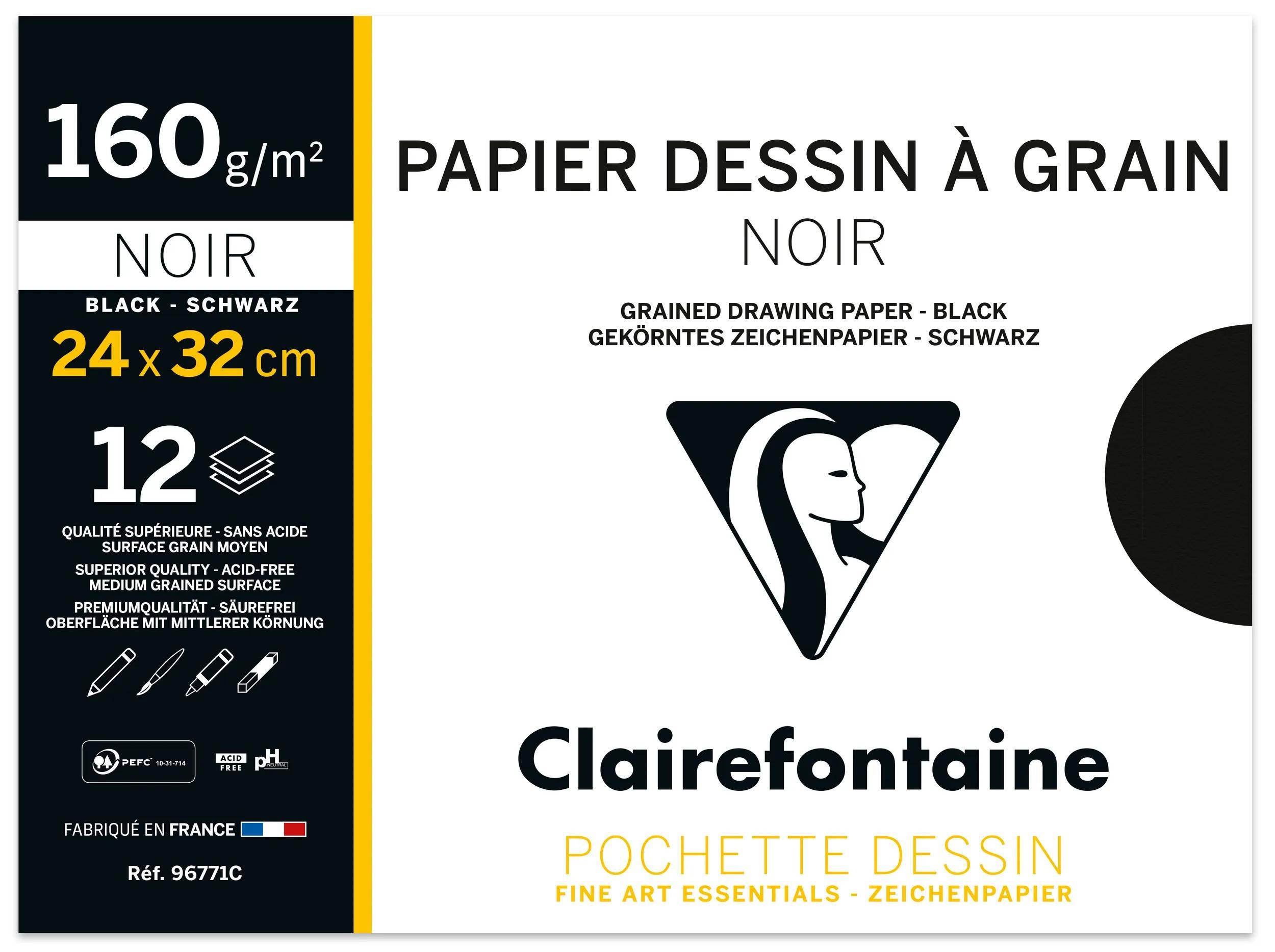 Clairefontaine schwarzes Zeichenpapier-Set, 160 g/m², 24 x 32 cm, 12 Blatt, mit Produktdetails und Logo.