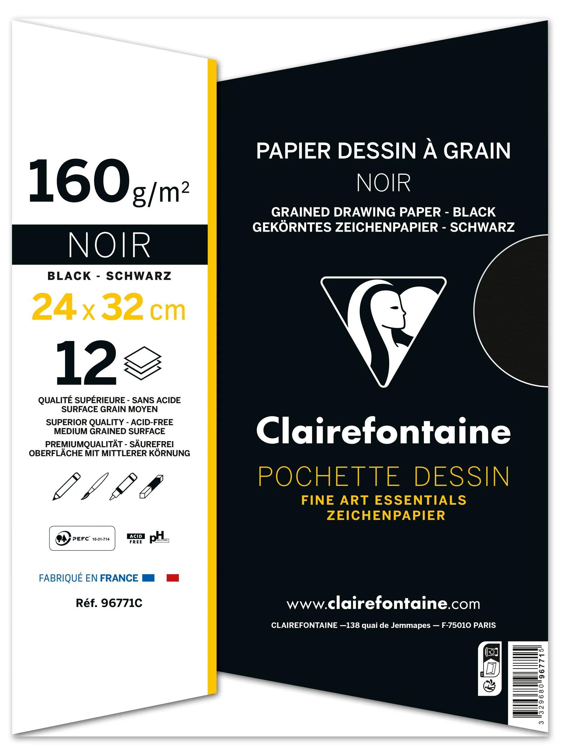 Paket schwarzes feines Clairefontaine-Zeichenpapier, 160 g/m², 24 x 32 cm, 12 Blatt, mit französischen/englischen/deutschen Produktdetails auf der Vorderseite.