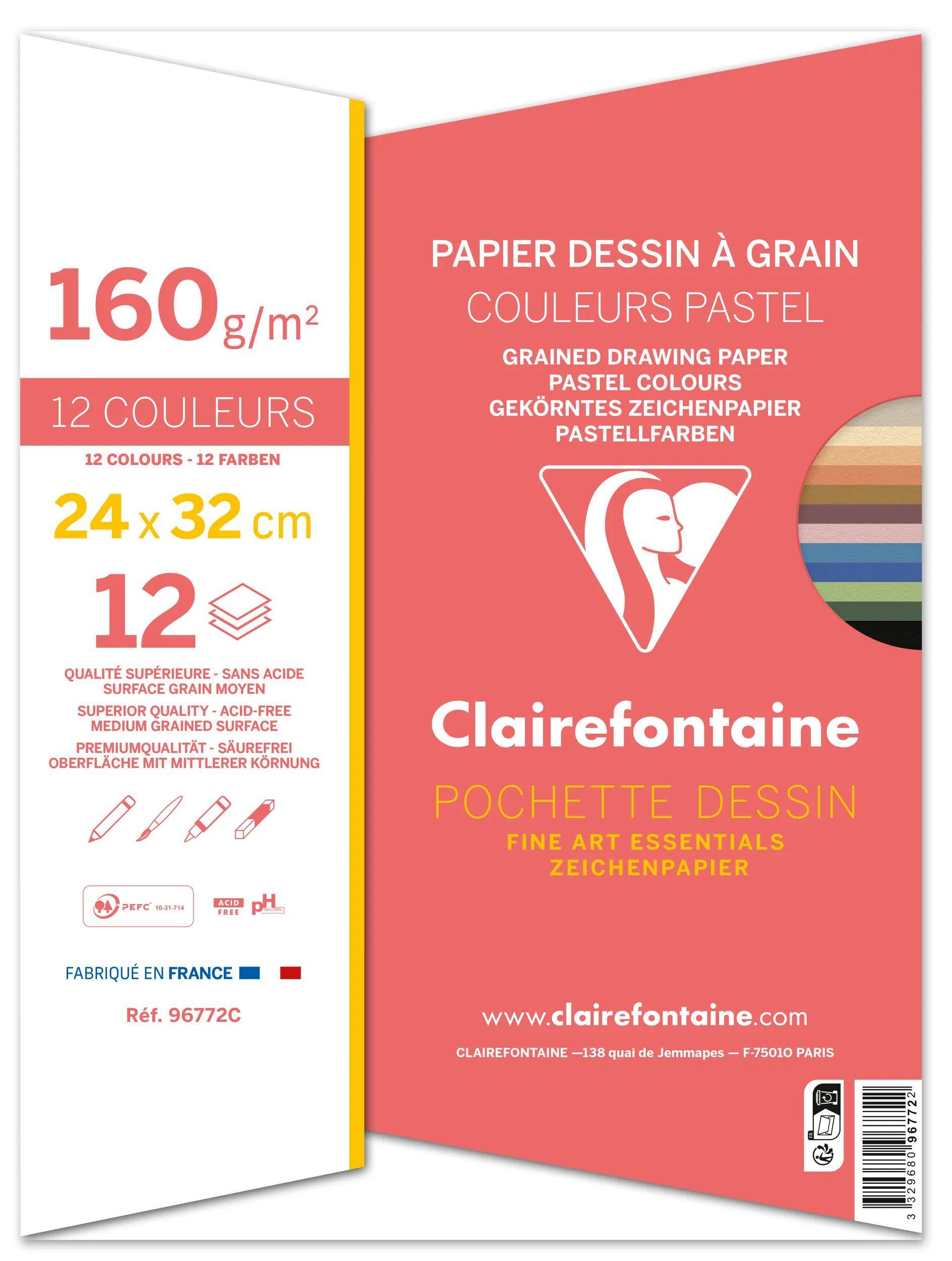 Clairefontaine Zeichenpapierblock, 160 g/m², 12 Farben, 24 x 32 cm, mit mehrsprachiger Verpackung und Farbmuster.