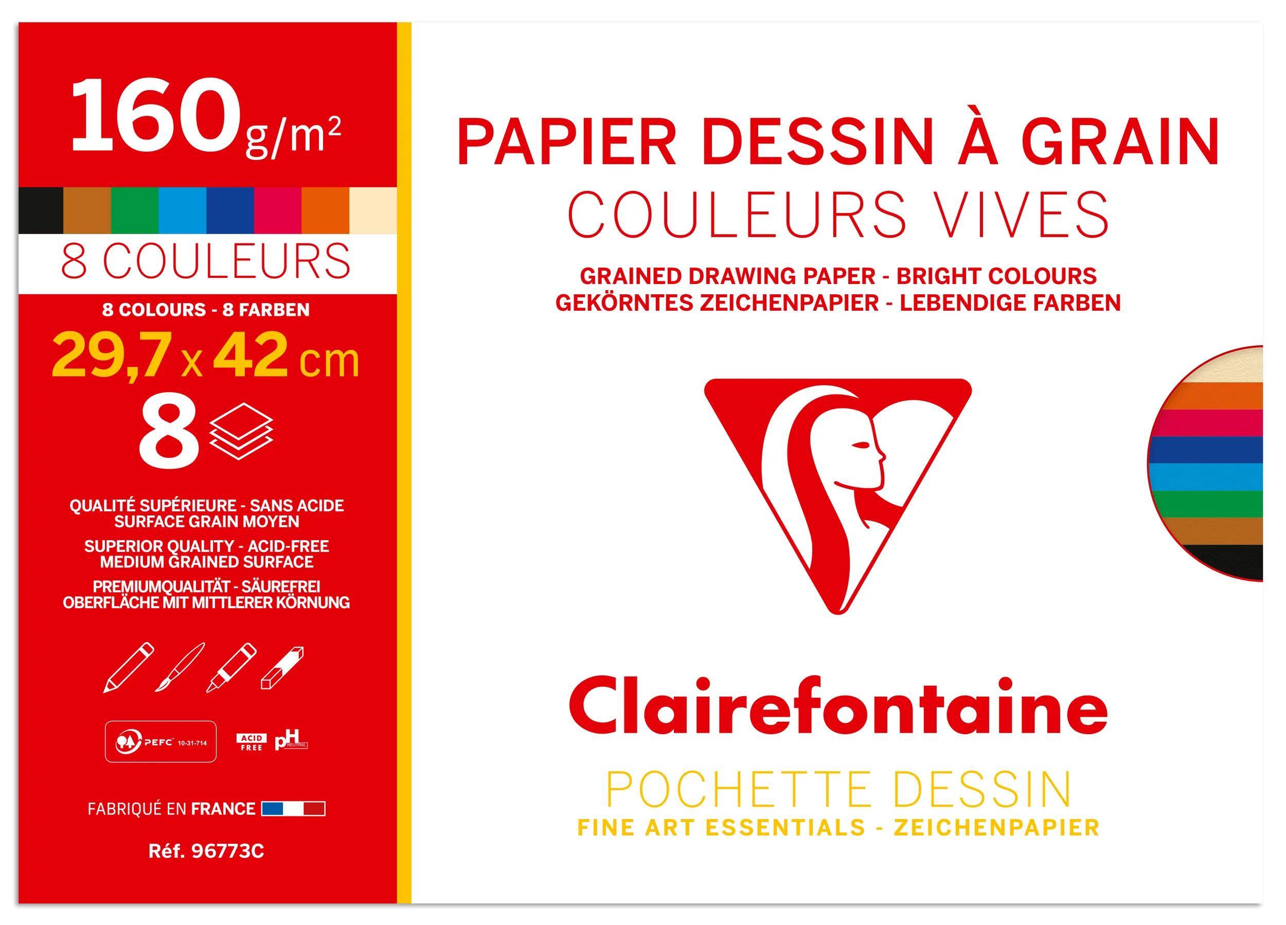 Verpackung für Clairefontaine Pochette Dessin: farbiges Zeichenpapier in leuchtenden Farben, 160 g/m², 8 Farben, 29,7 x 42 cm, hergestellt in Frankreich.