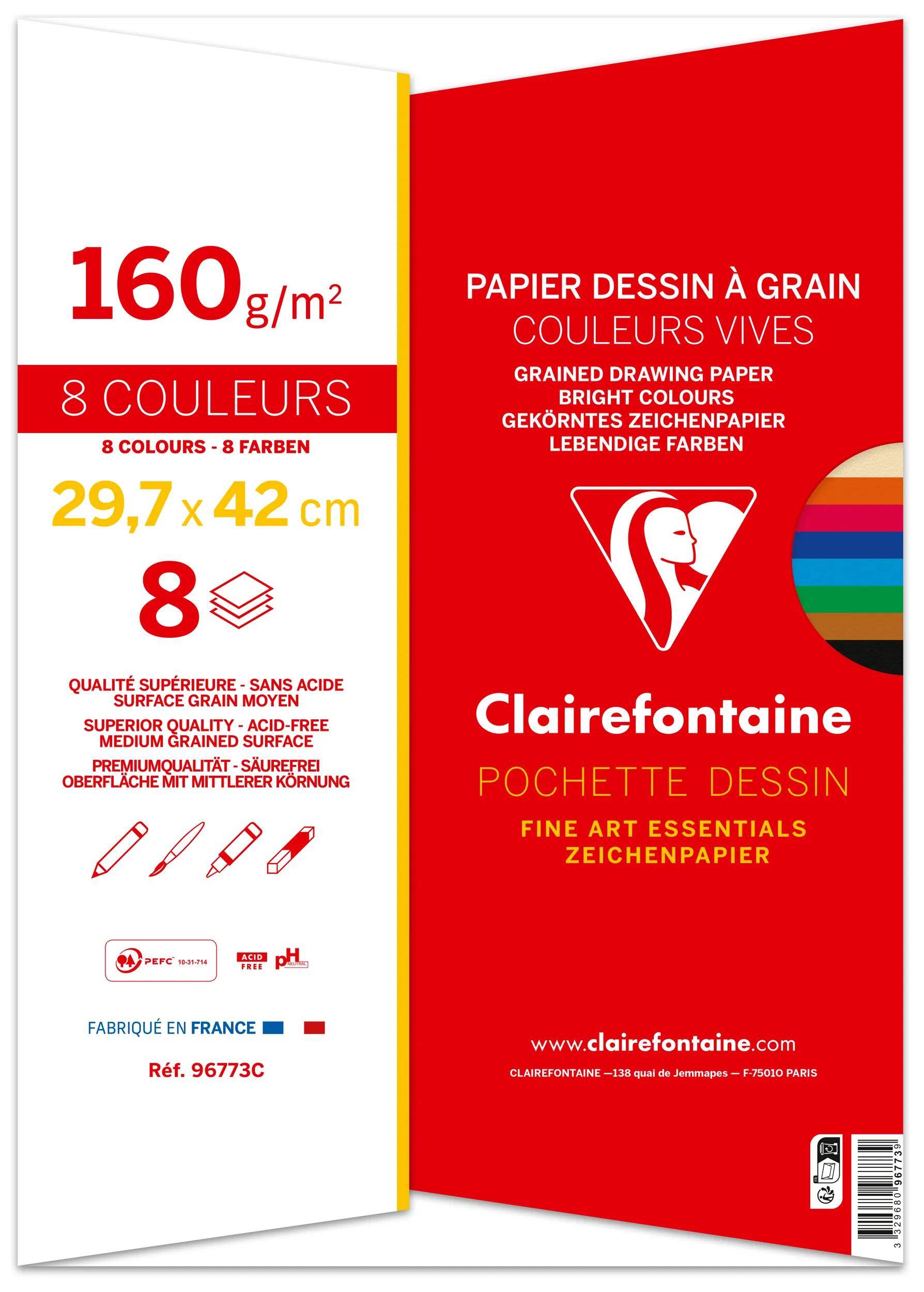 Clairefontaine-Zeichenpapierblock, 160gsm, A3-Format, 8 leuchtende Farben. Säurefrei mit strukturierter Oberfläche. Unverzichtbar für die bildende Kunst.