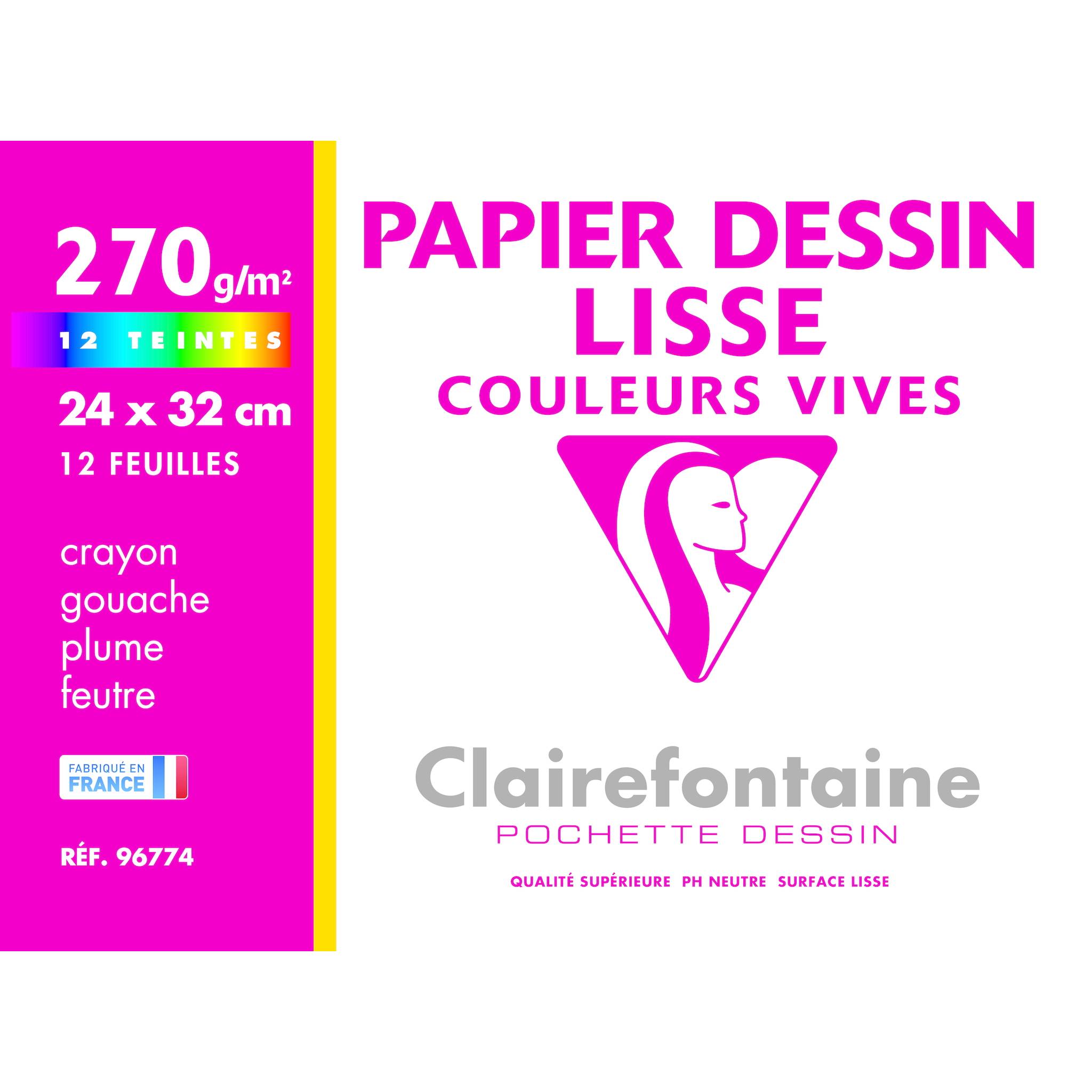 Clairefontaine Zeichenpapierblock: 270 g/m², 24 x 32 cm, 12 Blatt, 12 Farben, für Bleistift, Gouache, Feder und Filzstift.