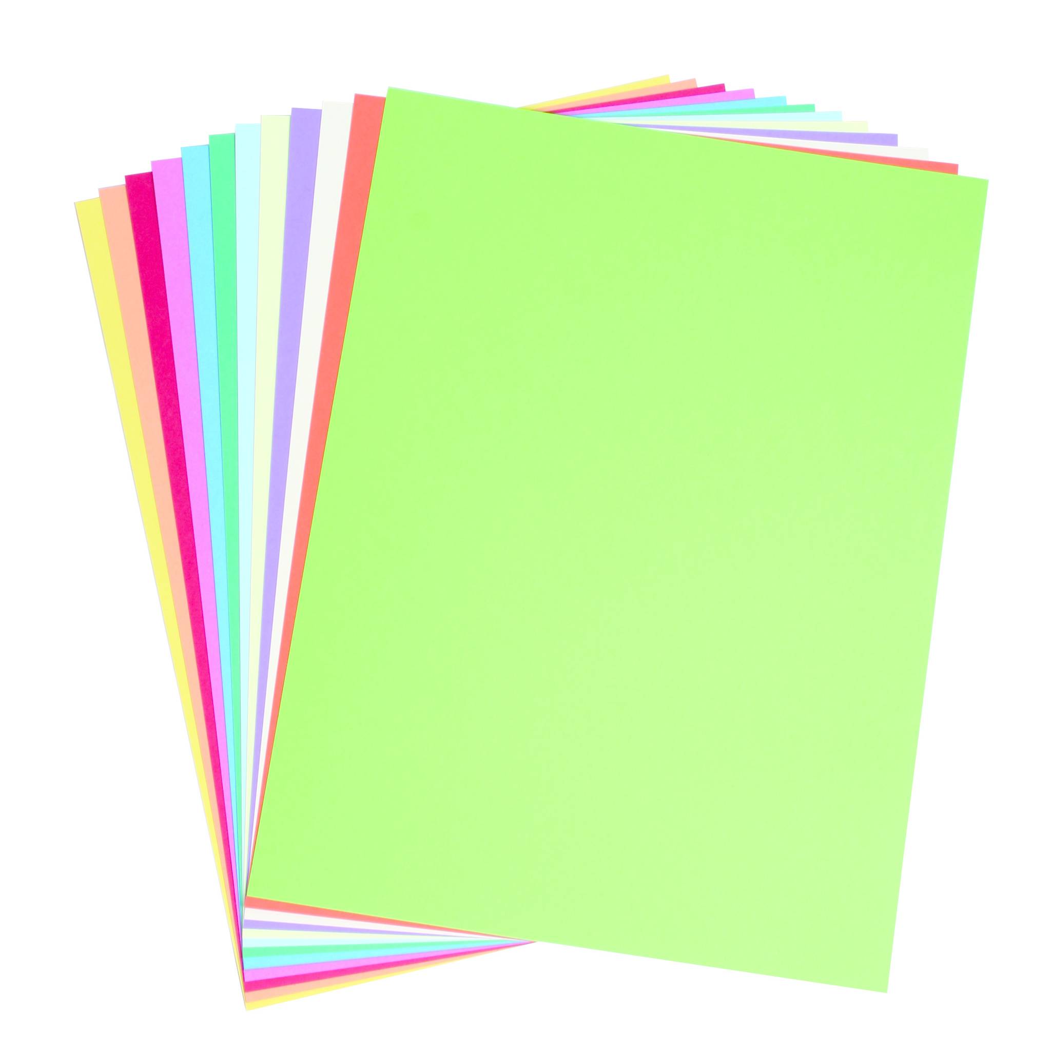 Stapel aus farbigen leeren Blättern Papier, mit einem großen limongrünen Blatt oben und anderen pastellfarbenen Blättern, die dahinter fächerförmig angeordnet sind.