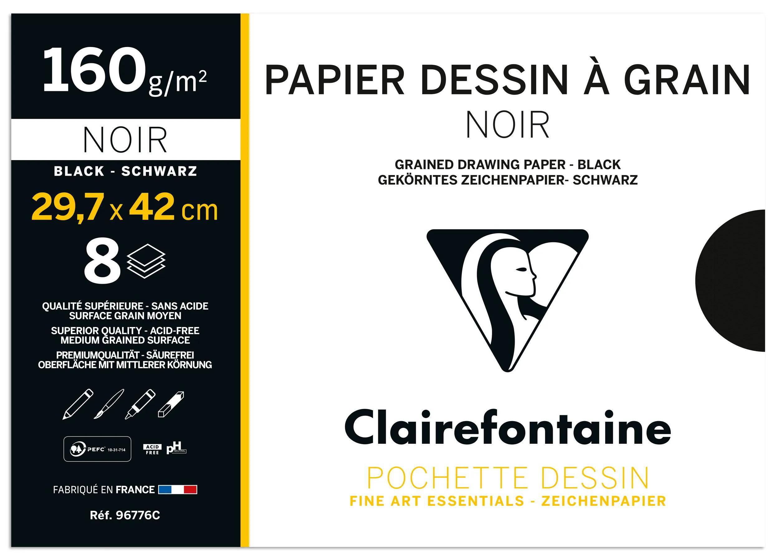 Schwarzer 160 g/m² strukturierter Zeichenpapierblock, 29,7 x 42 cm, 8 Blatt, von Clairefontaine.