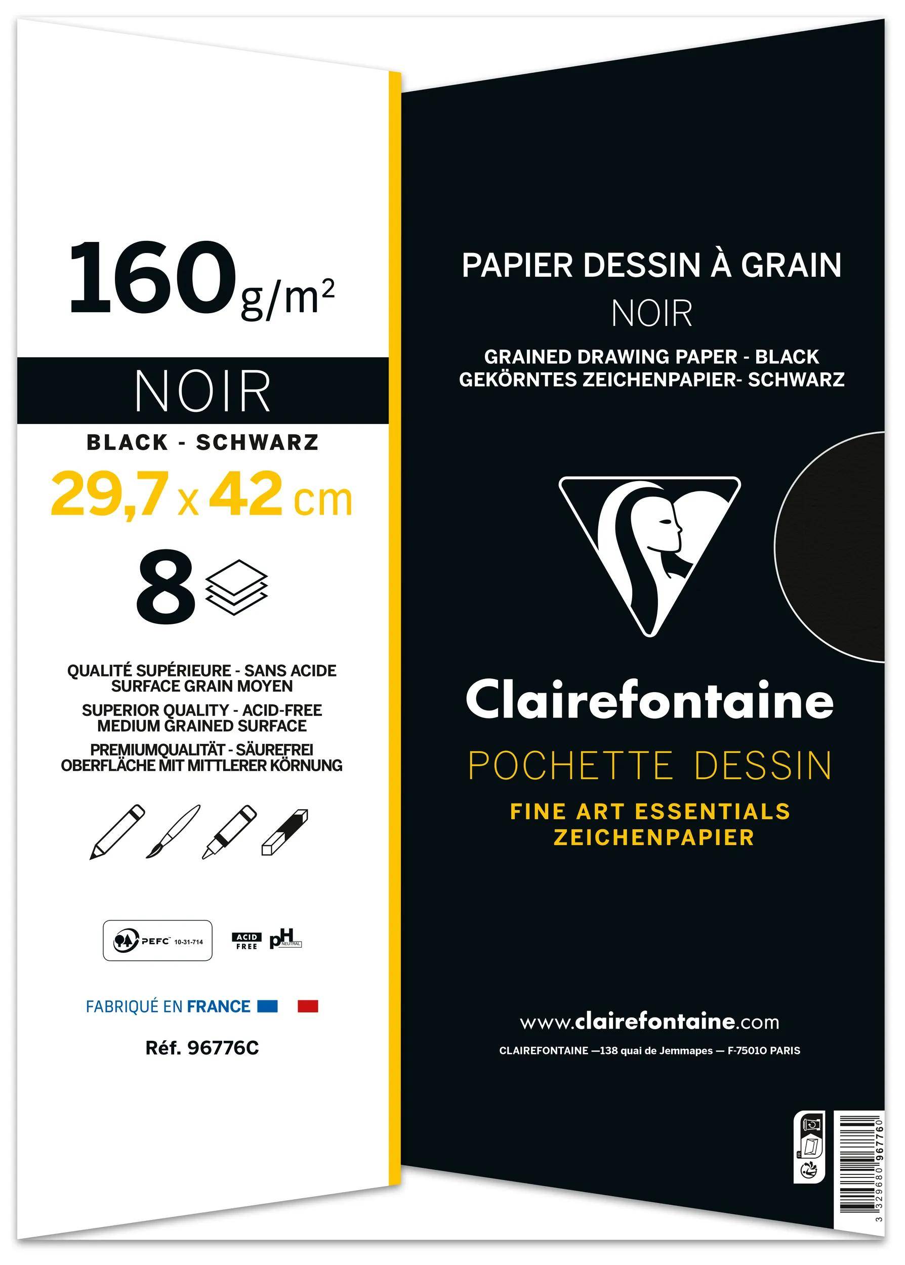 Clairefontaine schwarzes Zeichenpapier-Pad, 29,7 x 42 cm, 160 g/m², 8 Blatt, mit „Pochette Dessin