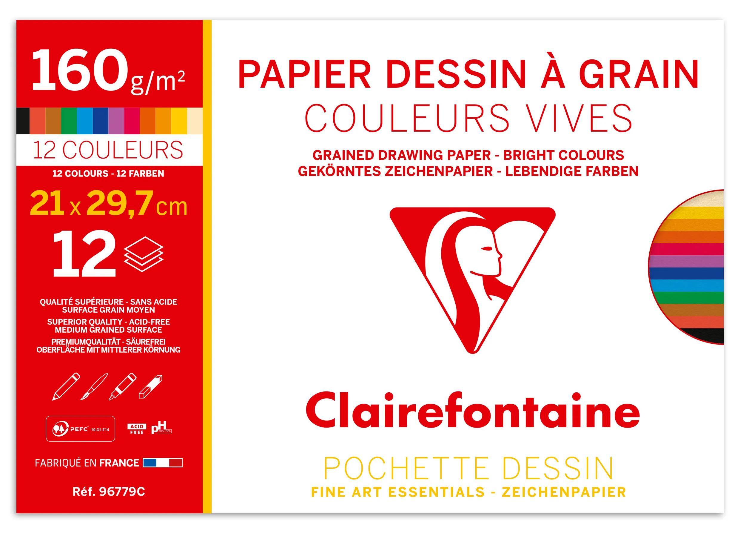 Clairefontaine Buntes Zeichenpapier-Set, 12 Blatt, 21 x 29,7 cm, 160 g/m², leuchtende Farben.