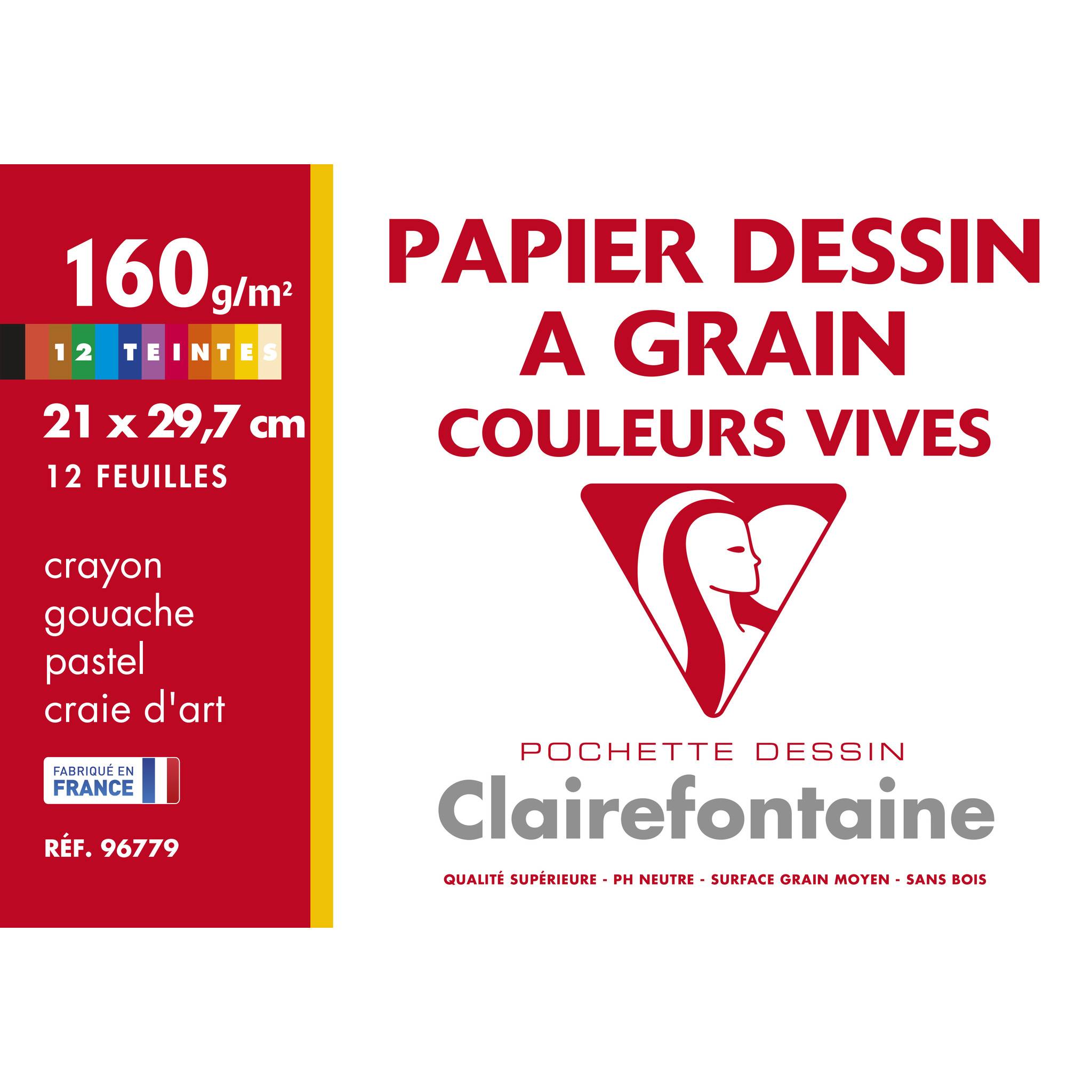 Vorderseite einer Clairefontaine-Zeichenblockpackung, mit der Bezeichnung „Papier dessin à grain couleurs vives