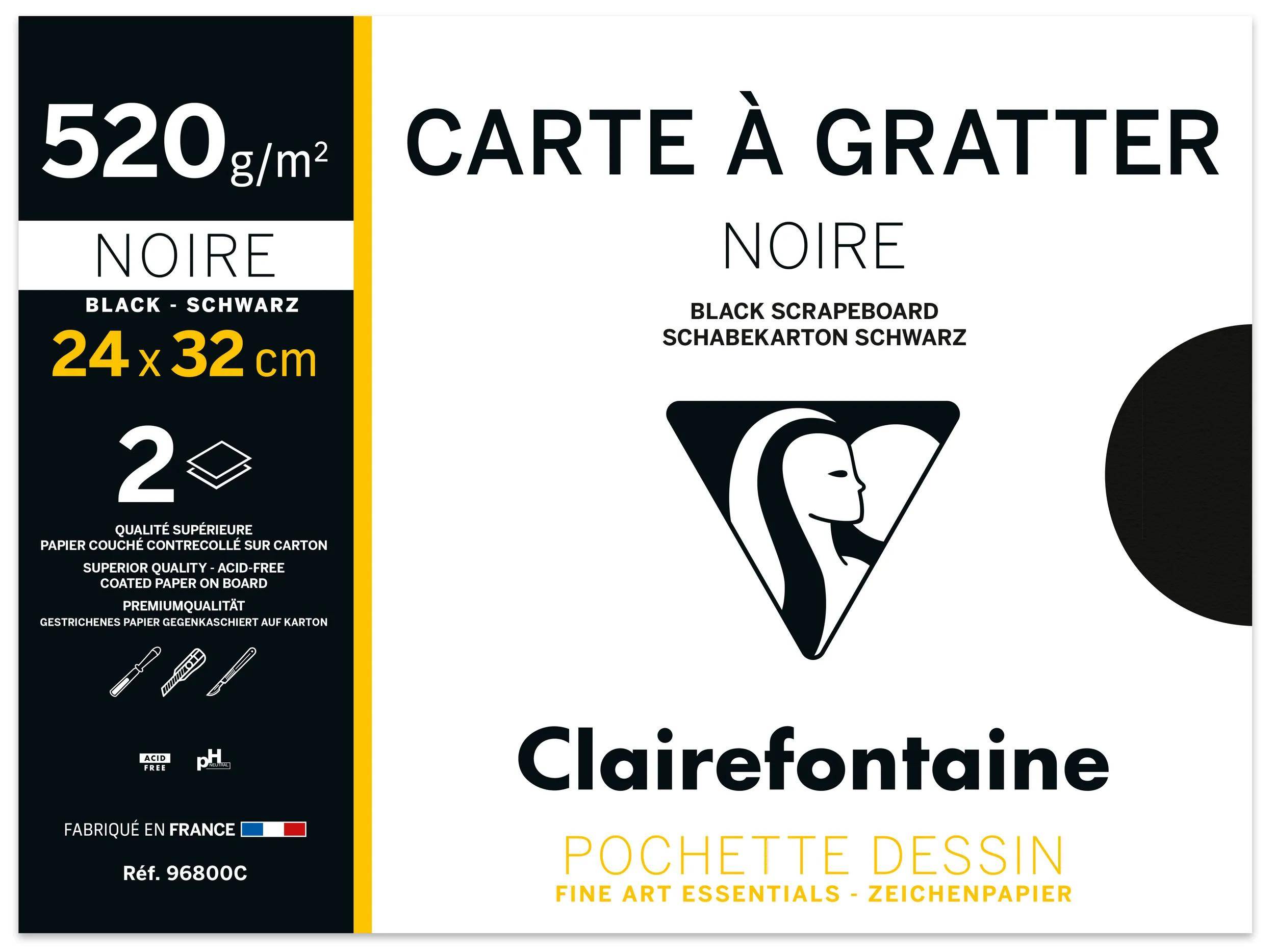 Clairefontaine 10x Schwarzer Schabekarton 24x32cm Pack. 2 Bogen Schwarz 96800C