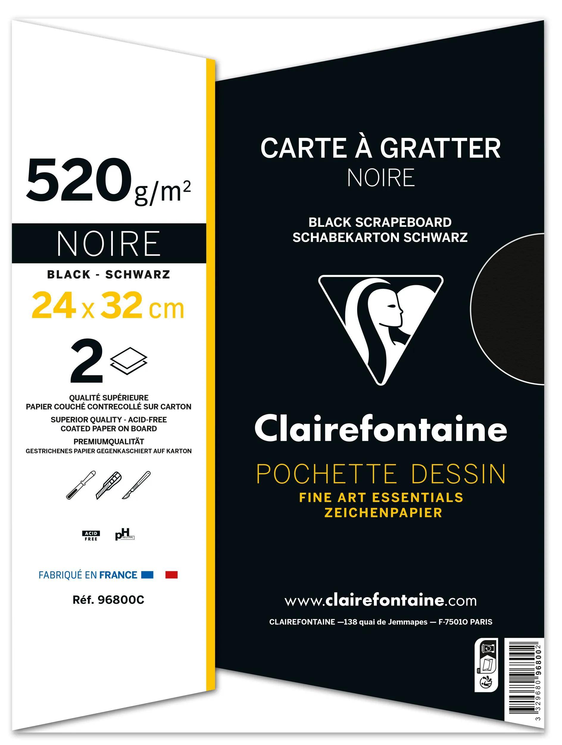 Verpackung für Clairefontaine schwarzes Kratzbrett-Zeichenpapier, gekennzeichnet mit 520 g/m², 24 x 32 cm, Packung mit 2 Blättern.